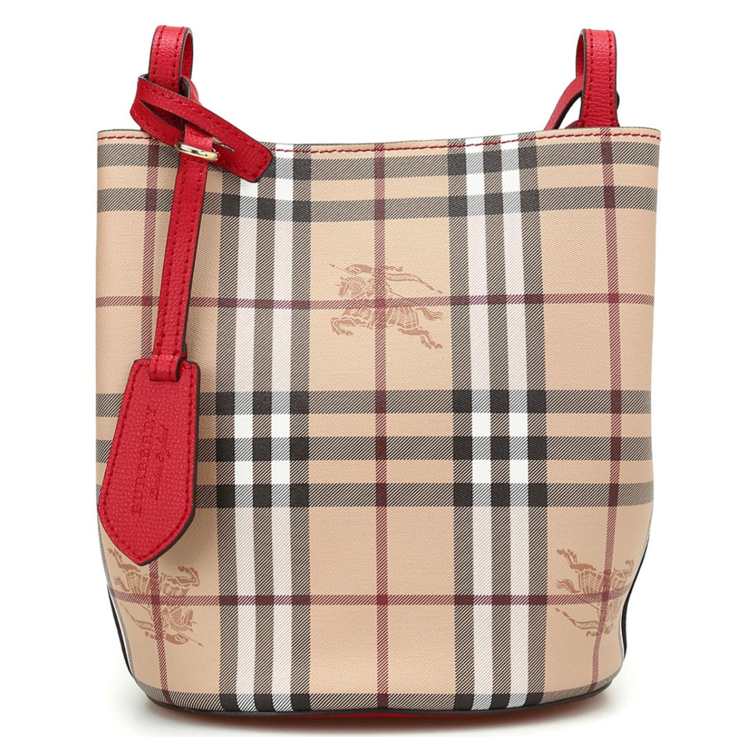 NEW Burberry Beige/Red Haymarket Check Leather Bucket Crossbody Bag For  Sale at 1stDibs