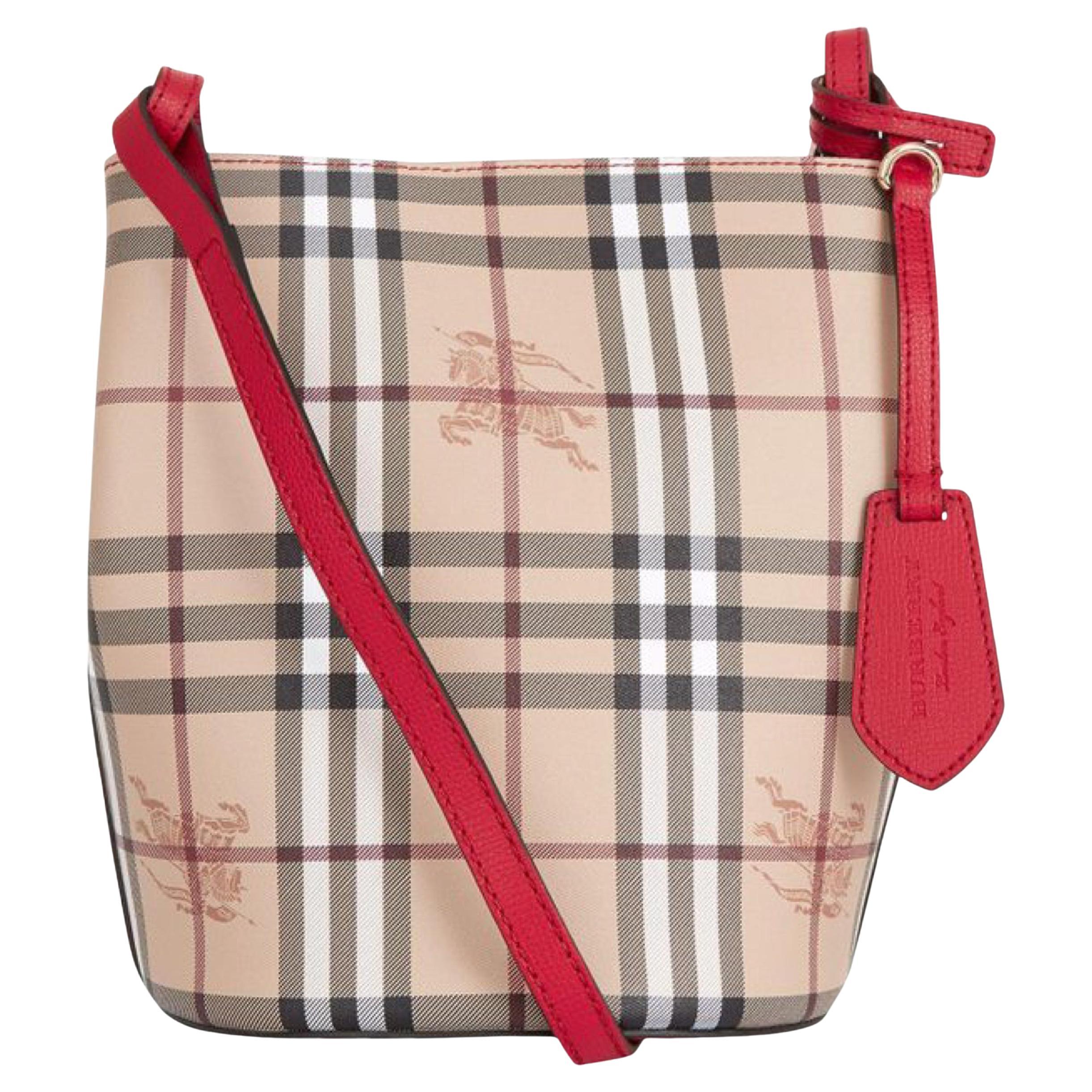 NEW Burberry Beige/Red Haymarket Check Leather Bucket Crossbody Bag For  Sale at 1stDibs