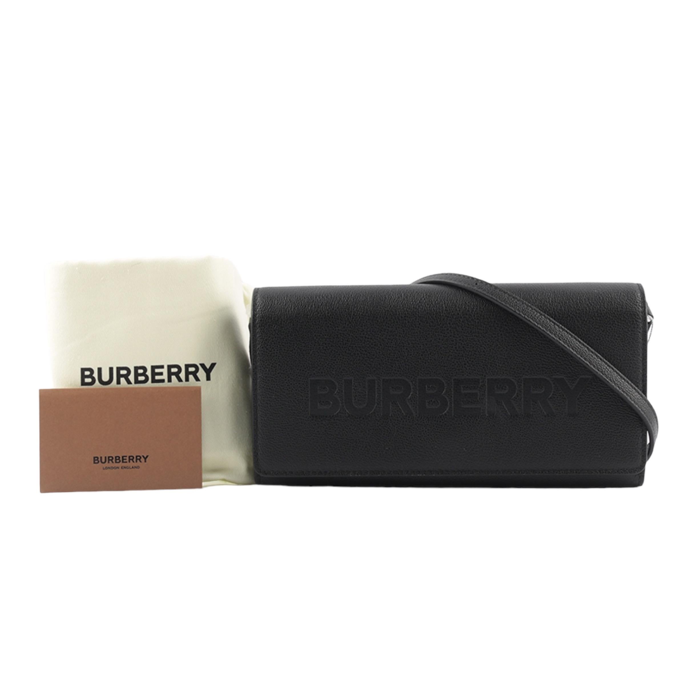NEW Burberry Black Embossed Logo Leather Wallet on Chain Crossbody Bag For Sale 4