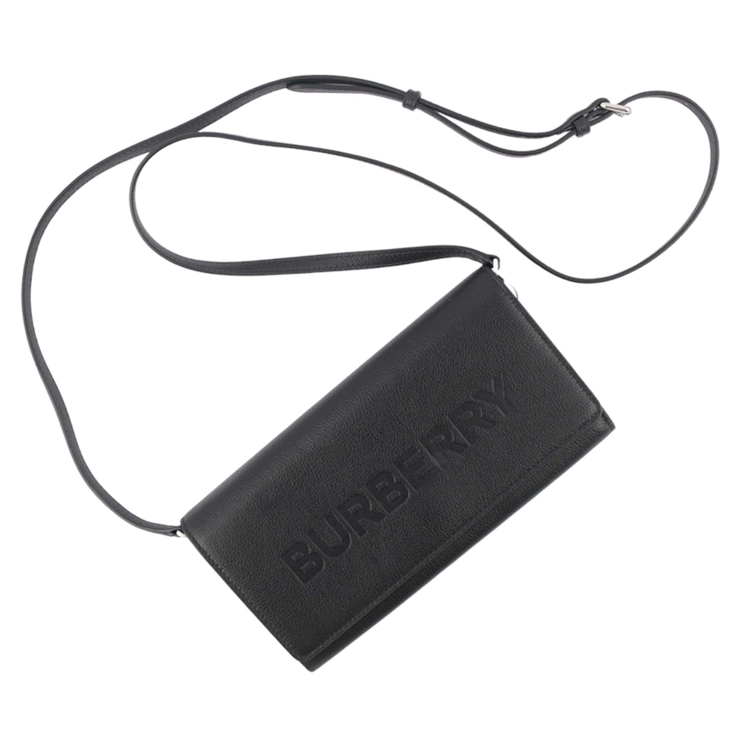 Women's or Men's NEW Burberry Black Embossed Logo Leather Wallet on Chain Crossbody Bag For Sale