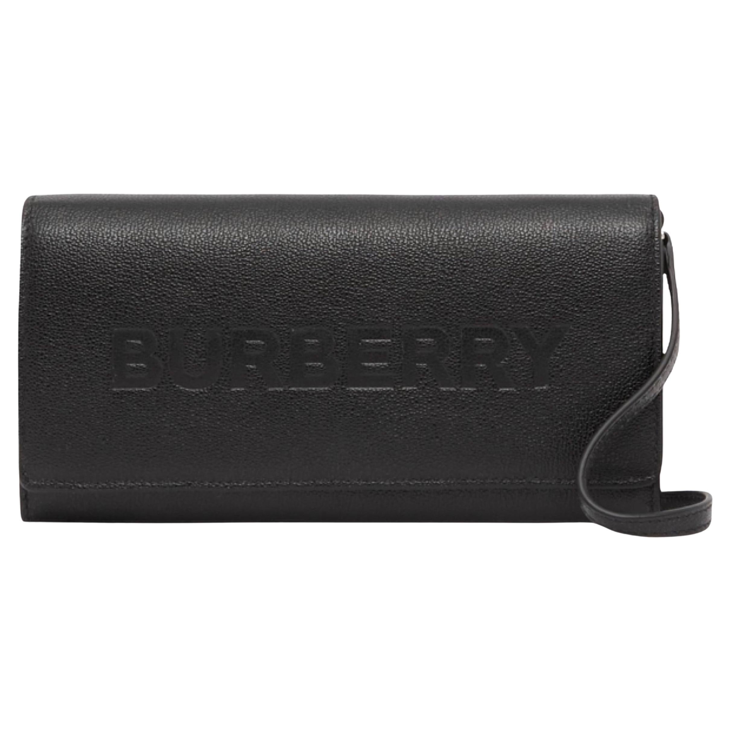NEW Burberry Black Embossed Logo Leather Wallet on Chain Crossbody Bag For Sale
