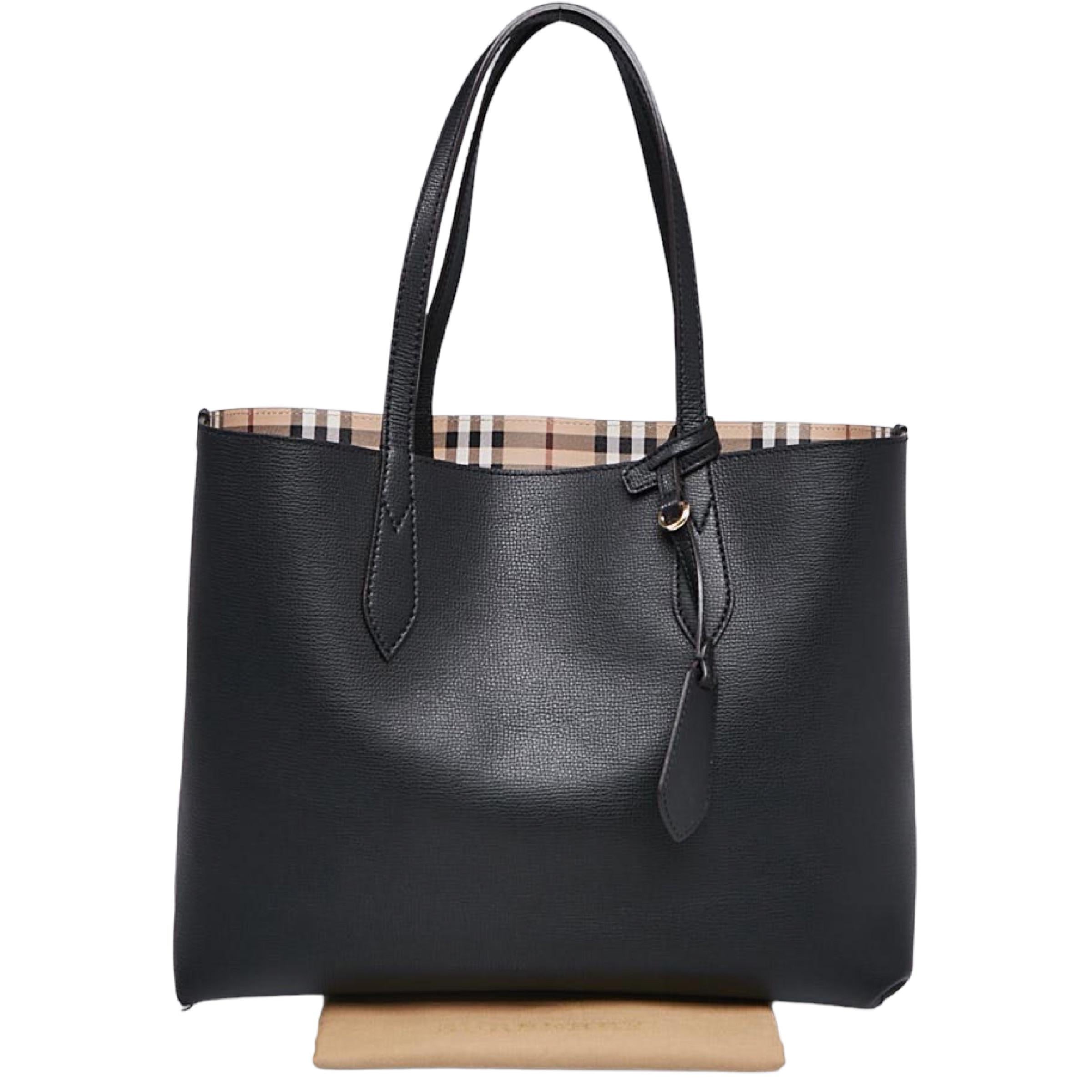 NEW Burberry Black Haymarket Check Reversible Leather Tote Shoulder Bag For Sale 8