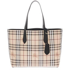 NEW Burberry Black Haymarket Check Reversible Leather Tote Shoulder Bag