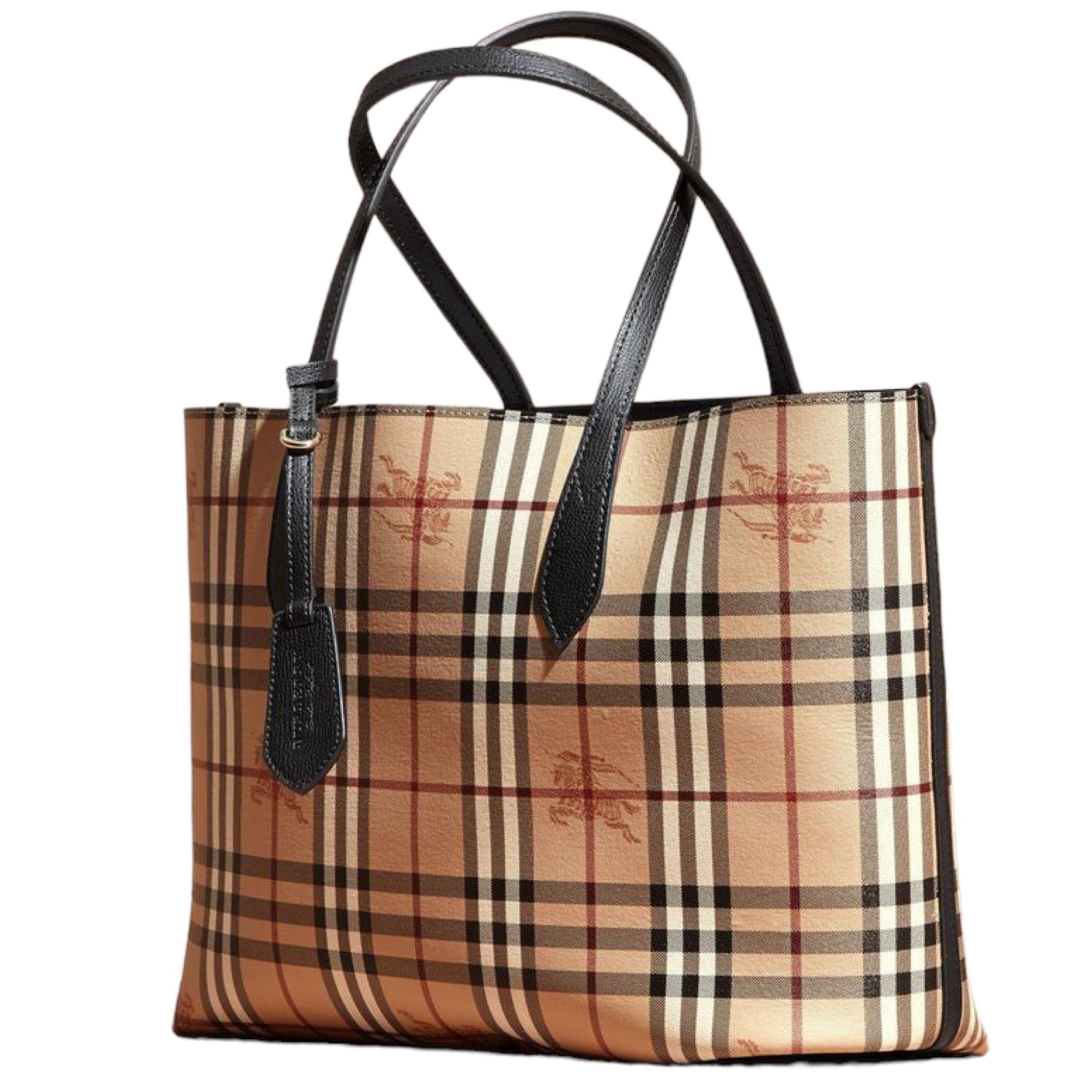 Women's NEW Burberry Black Haymarket Check Reversible Leather Tote Shoulder Bag For Sale