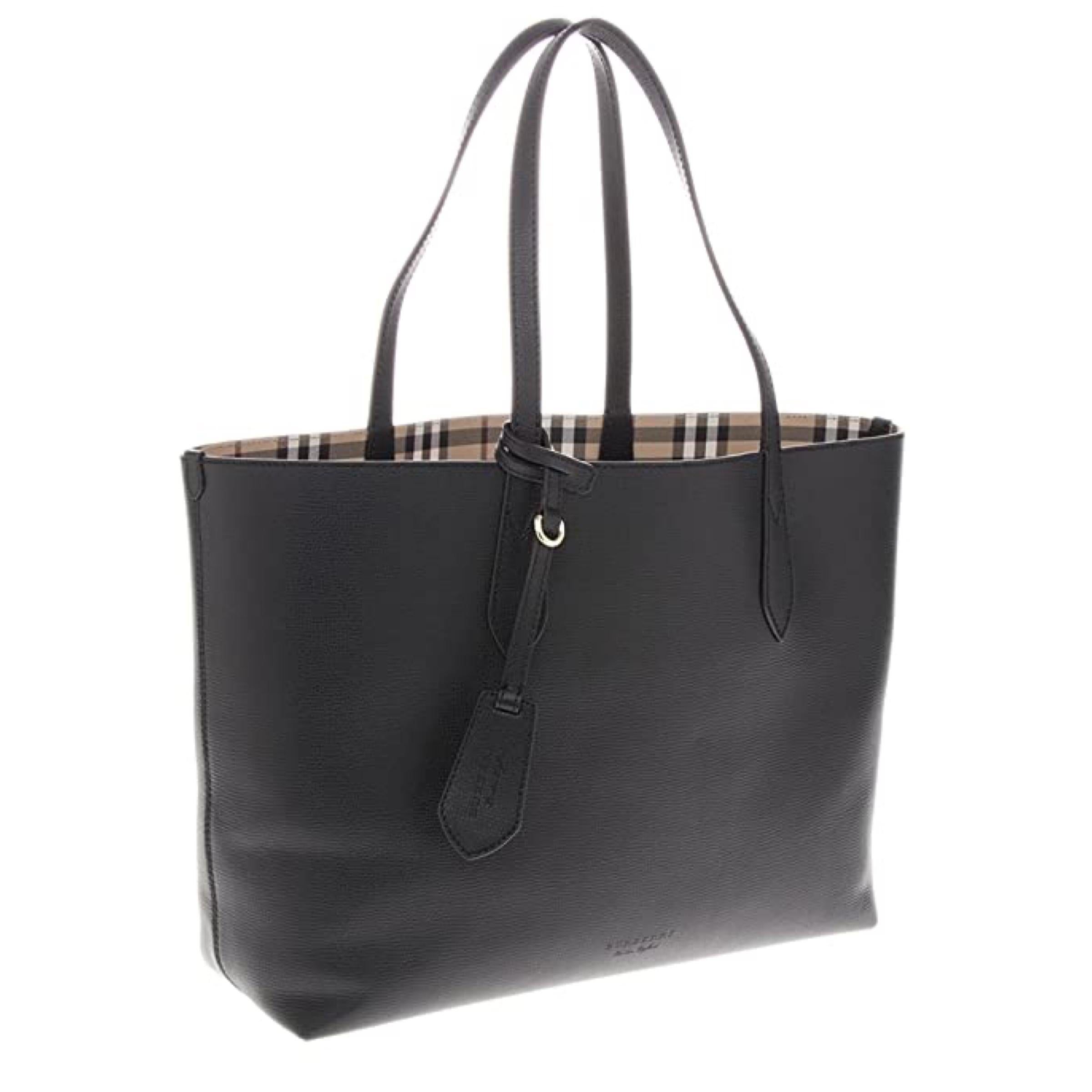 NEW Burberry Black Haymarket Check Reversible Leather Tote Shoulder Bag For Sale 1