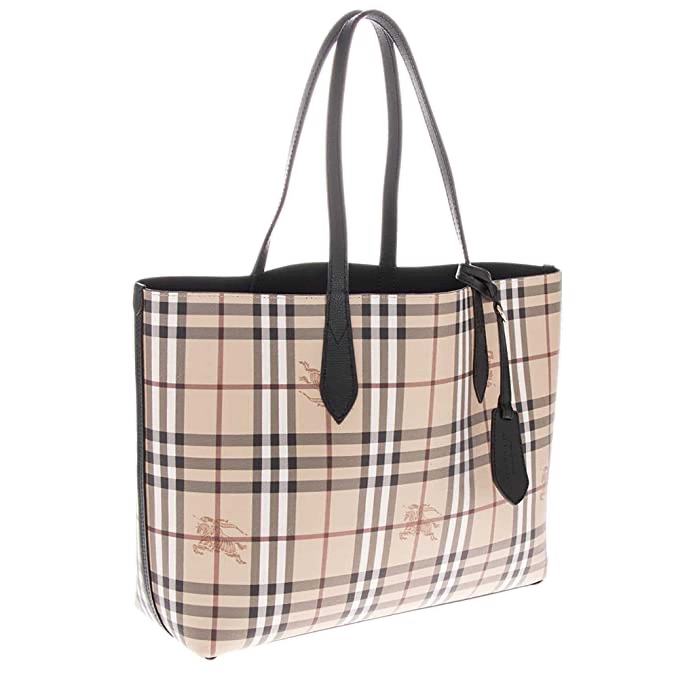 NEW Burberry Black Haymarket Check Reversible Leather Tote Shoulder Bag For Sale 2