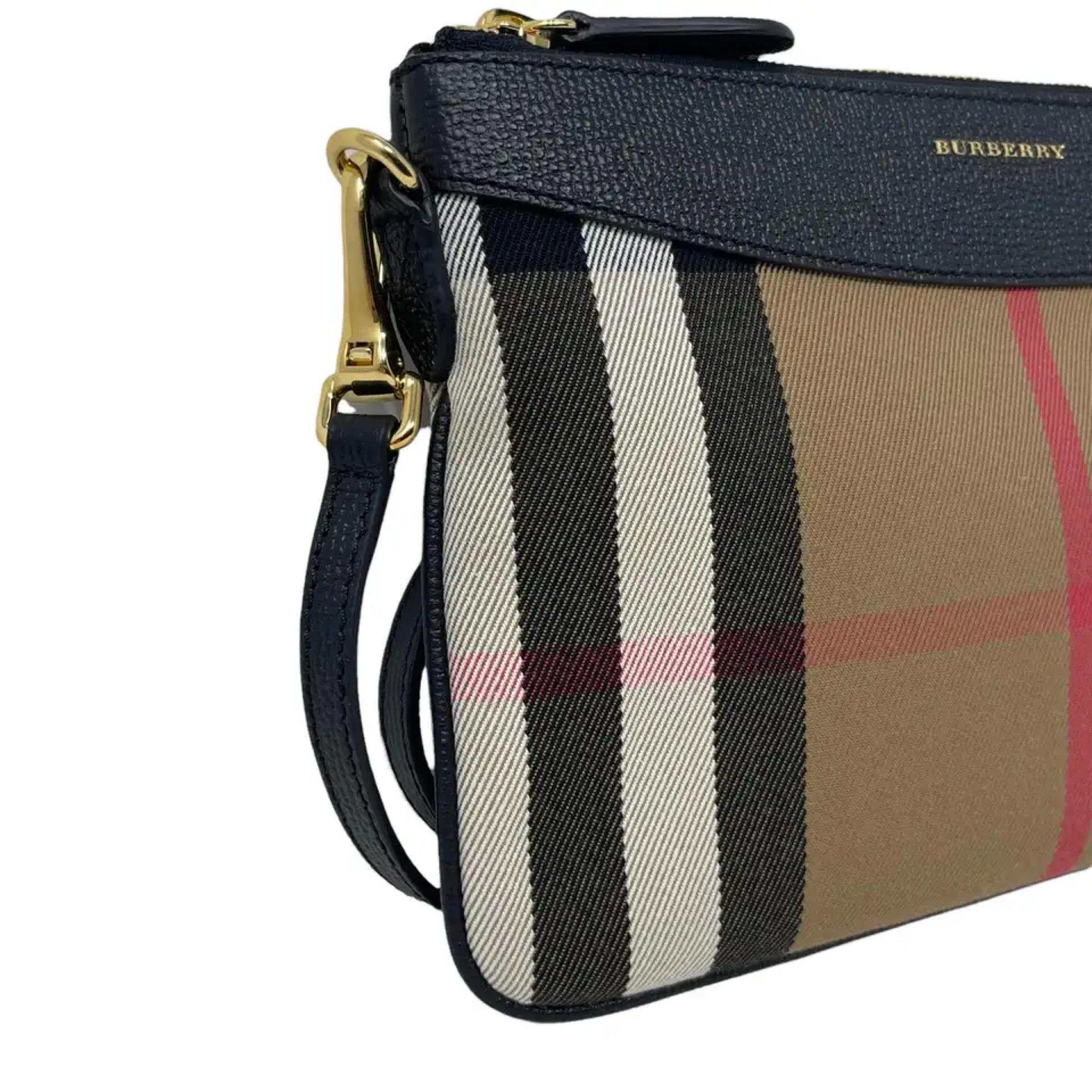 NEW Burberry Brown/Black Derby Peyton House Check Coated Canvas Clutch Crossbody For Sale 4