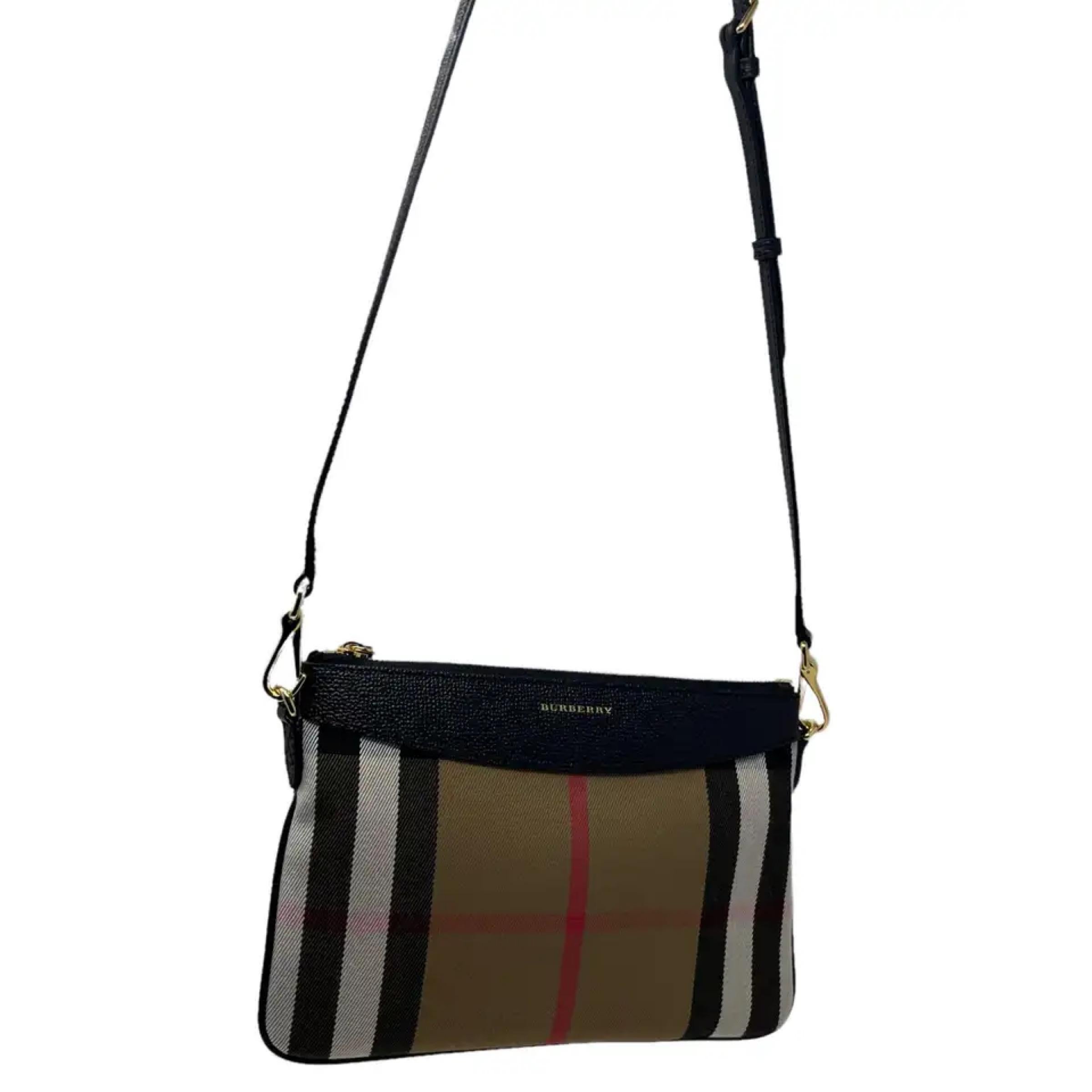 NEW Burberry Brown/Black Derby Peyton House Check Coated Canvas Clutch Crossbody For Sale 5