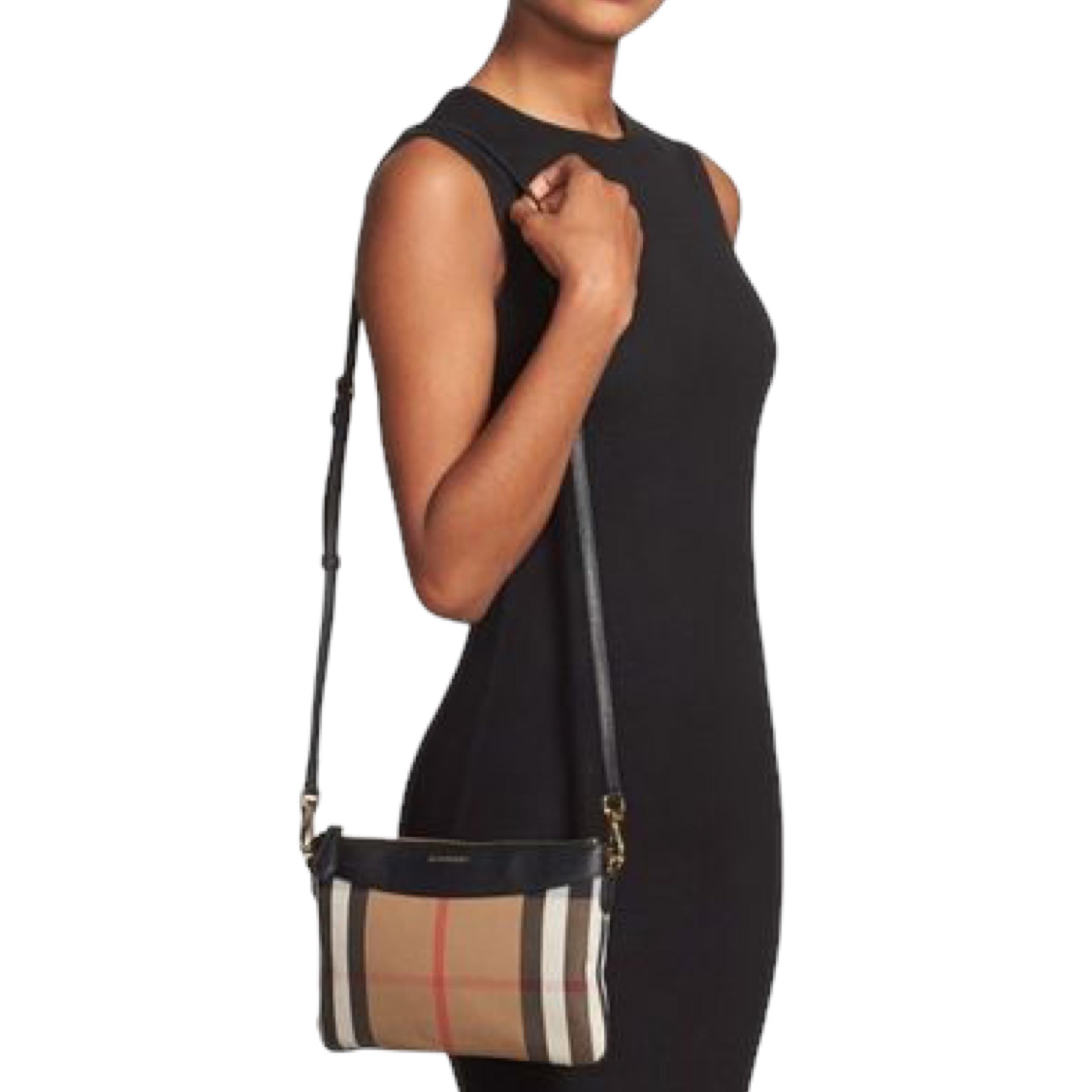 NEW Burberry Brown/Black Derby Peyton House Check Coated Canvas Clutch Crossbody For Sale 9