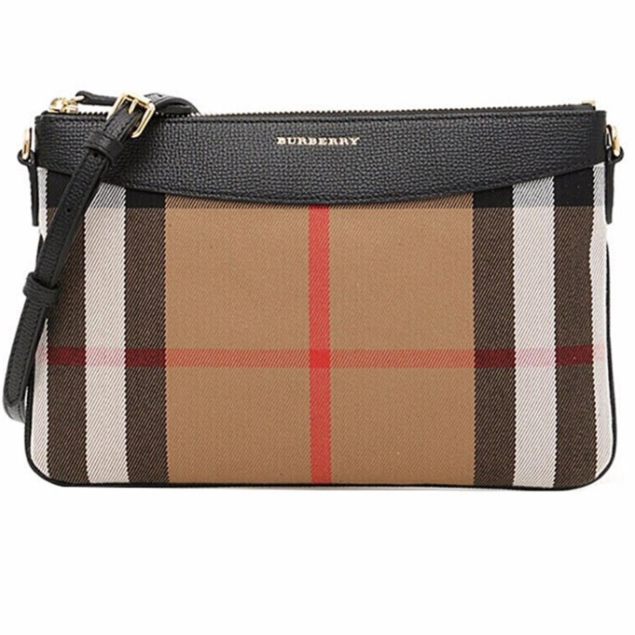 NEW Burberry Brown/Black Derby Peyton House Check Coated Canvas Clutch Crossbody For Sale 11