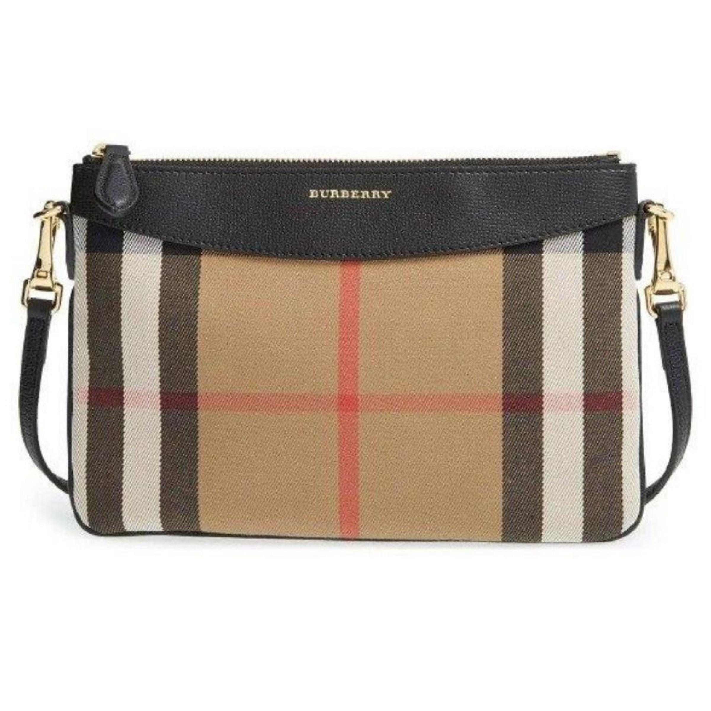 NEW Burberry Brown/Black Derby Peyton House Check Coated Canvas Clutch Crossbody For Sale 12