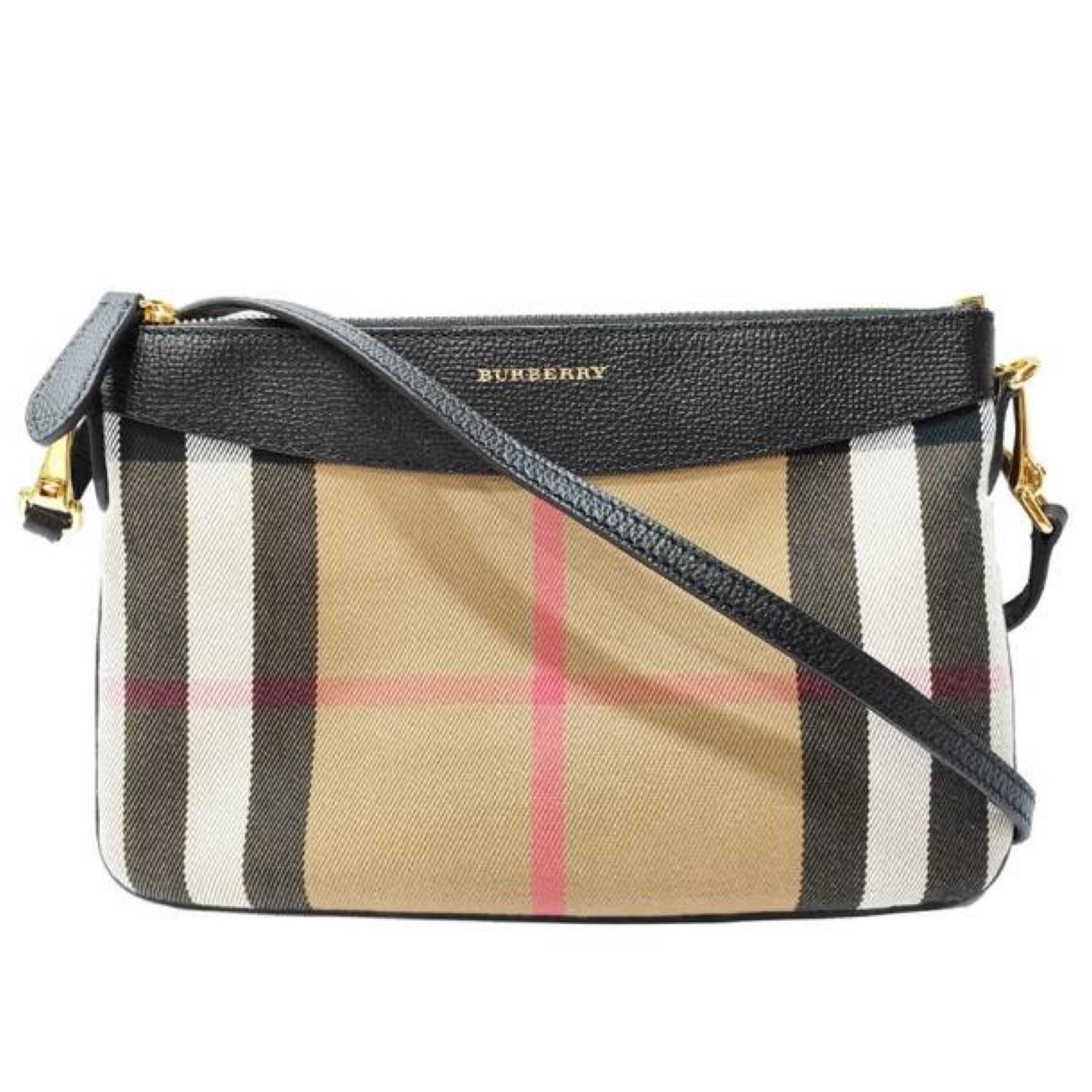 NEW Burberry Brown/Black Derby Peyton House Check Coated Canvas Clutch Crossbody For Sale 13