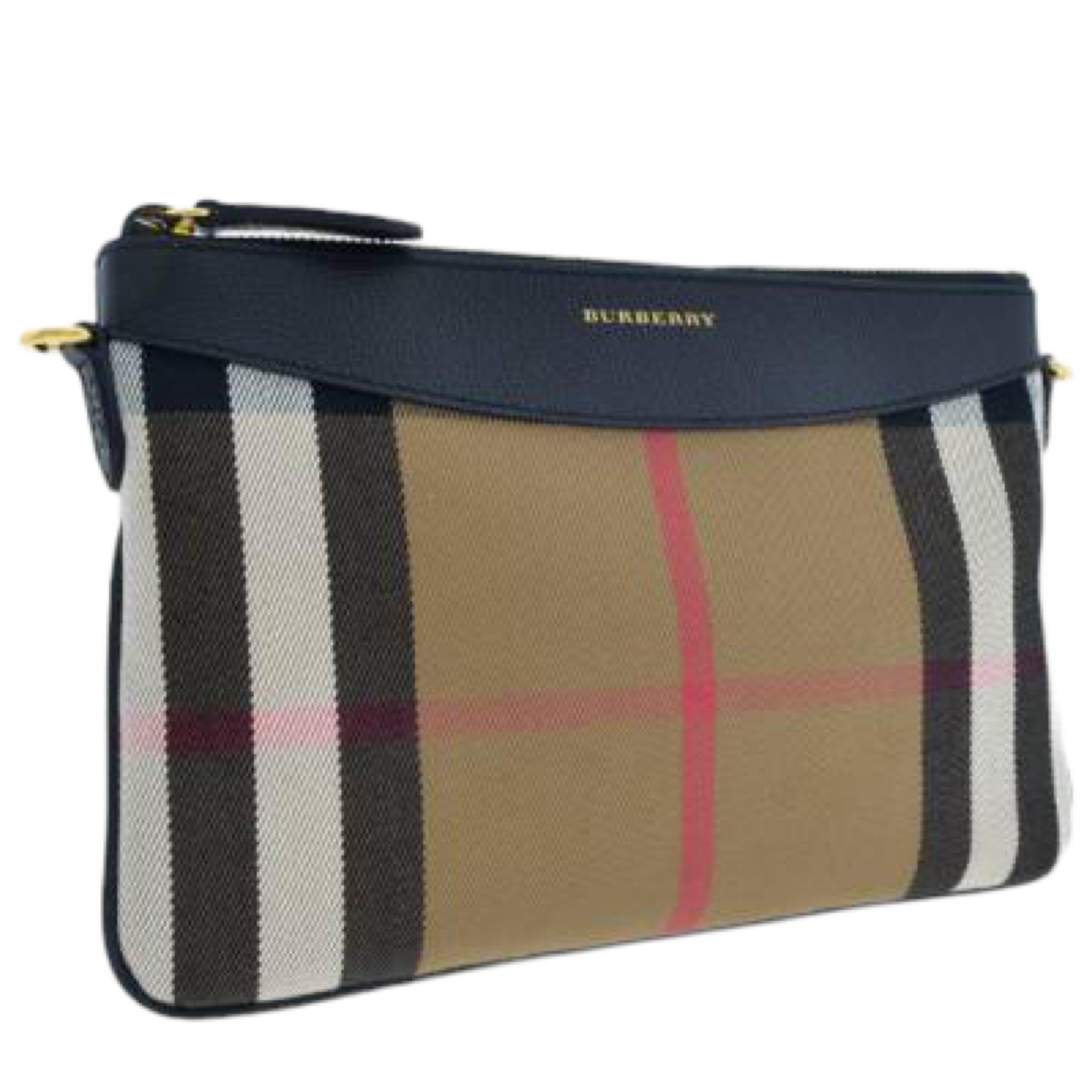 NEW Burberry Brown/Black Derby Peyton House Check Coated Canvas Clutch Crossbody For Sale 3
