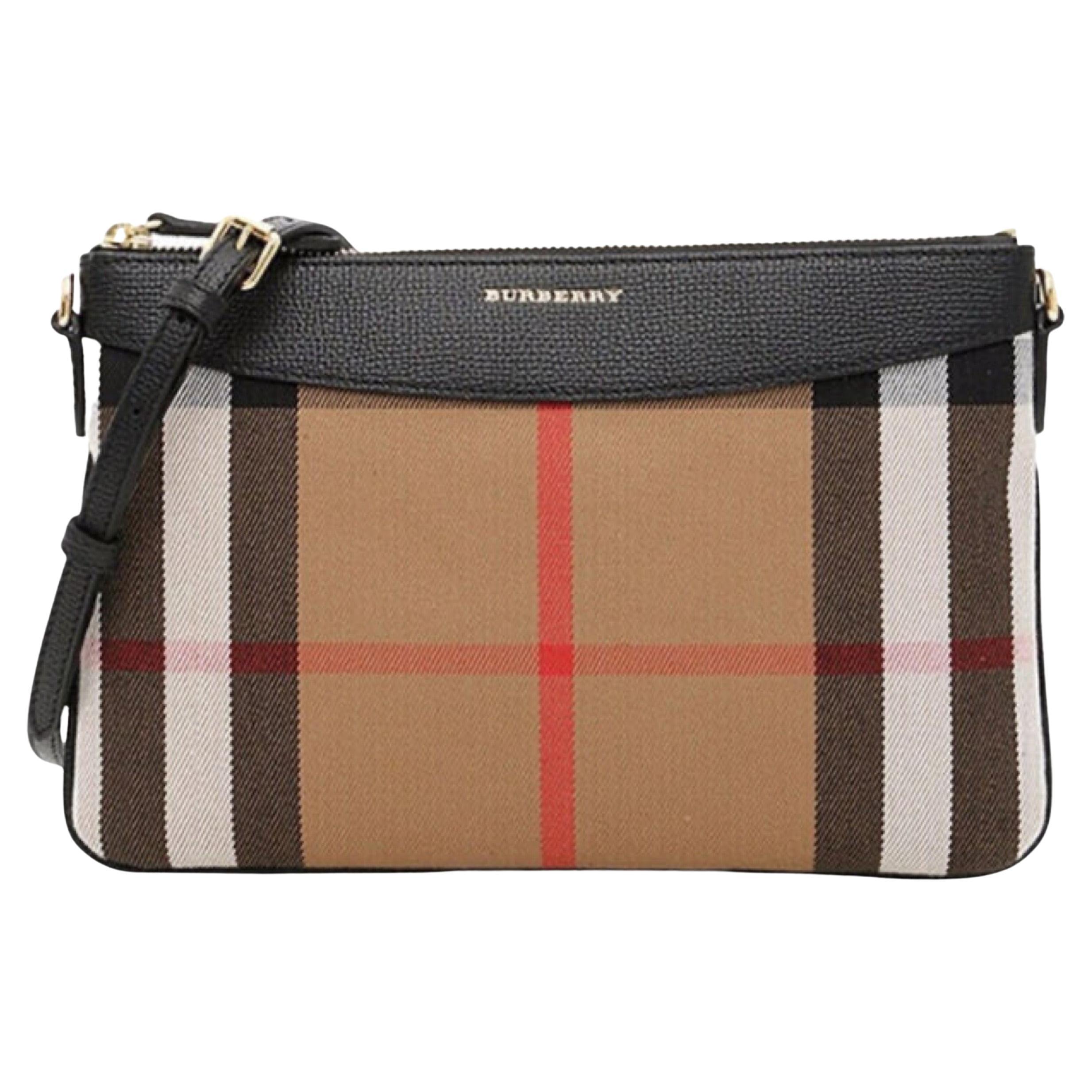 NEW Burberry Brown/Black Derby Peyton House Check Coated Canvas Clutch Crossbody For Sale