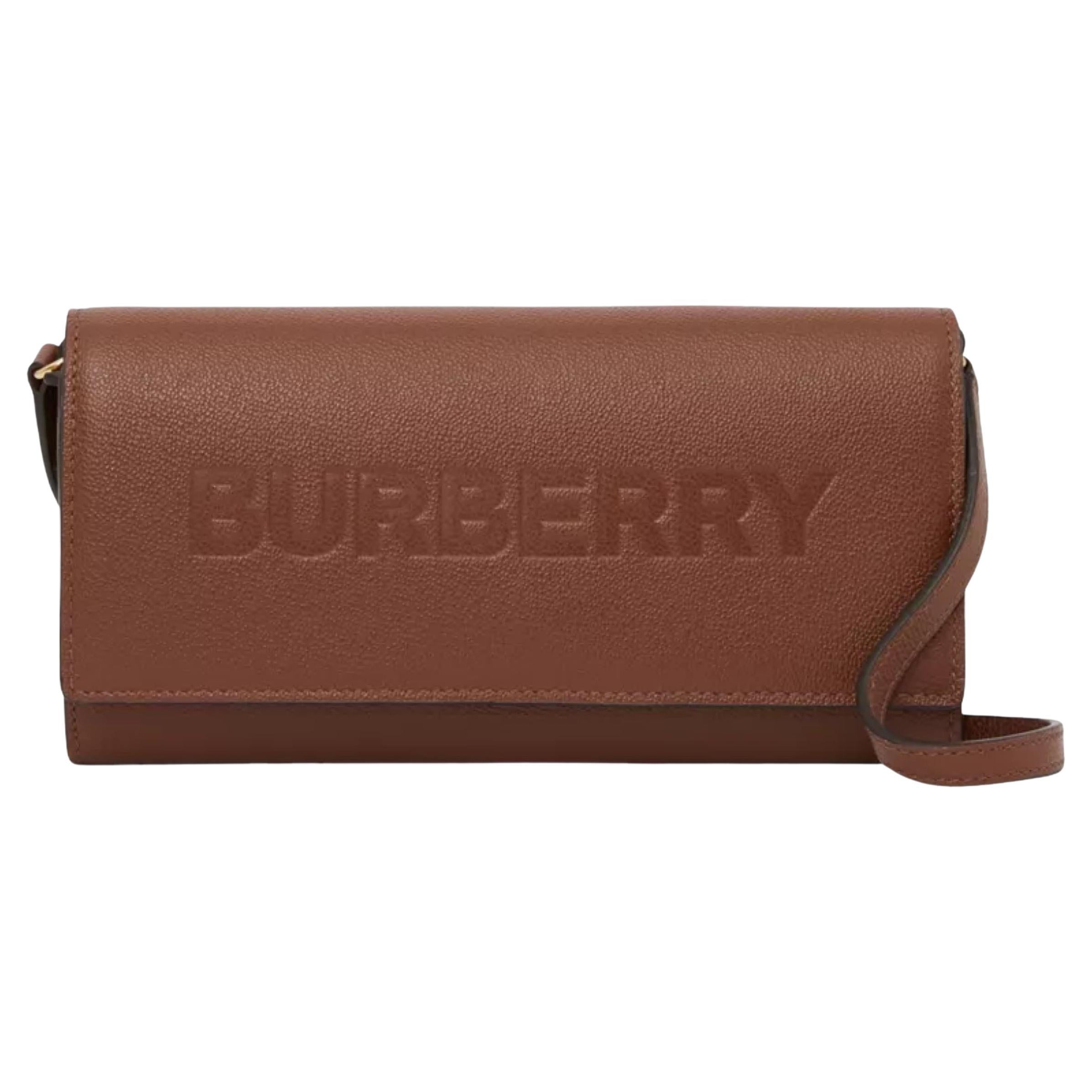 NEW Burberry Brown Embossed Logo Leather Wallet on Chain Crossbody Bag For  Sale at 1stDibs