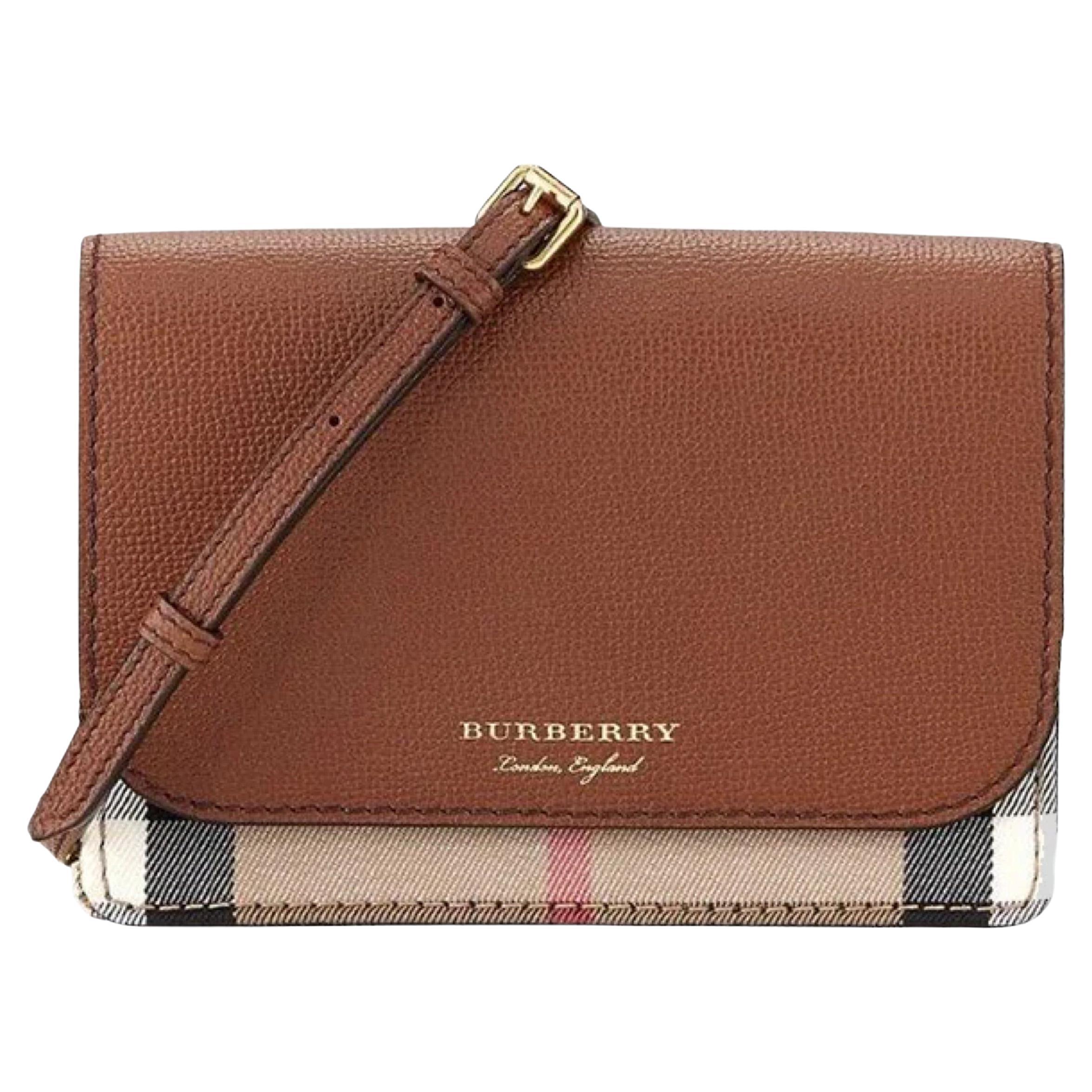 NEW Burberry Brown Hampshire Check Leather Crossbody Bag For Sale at