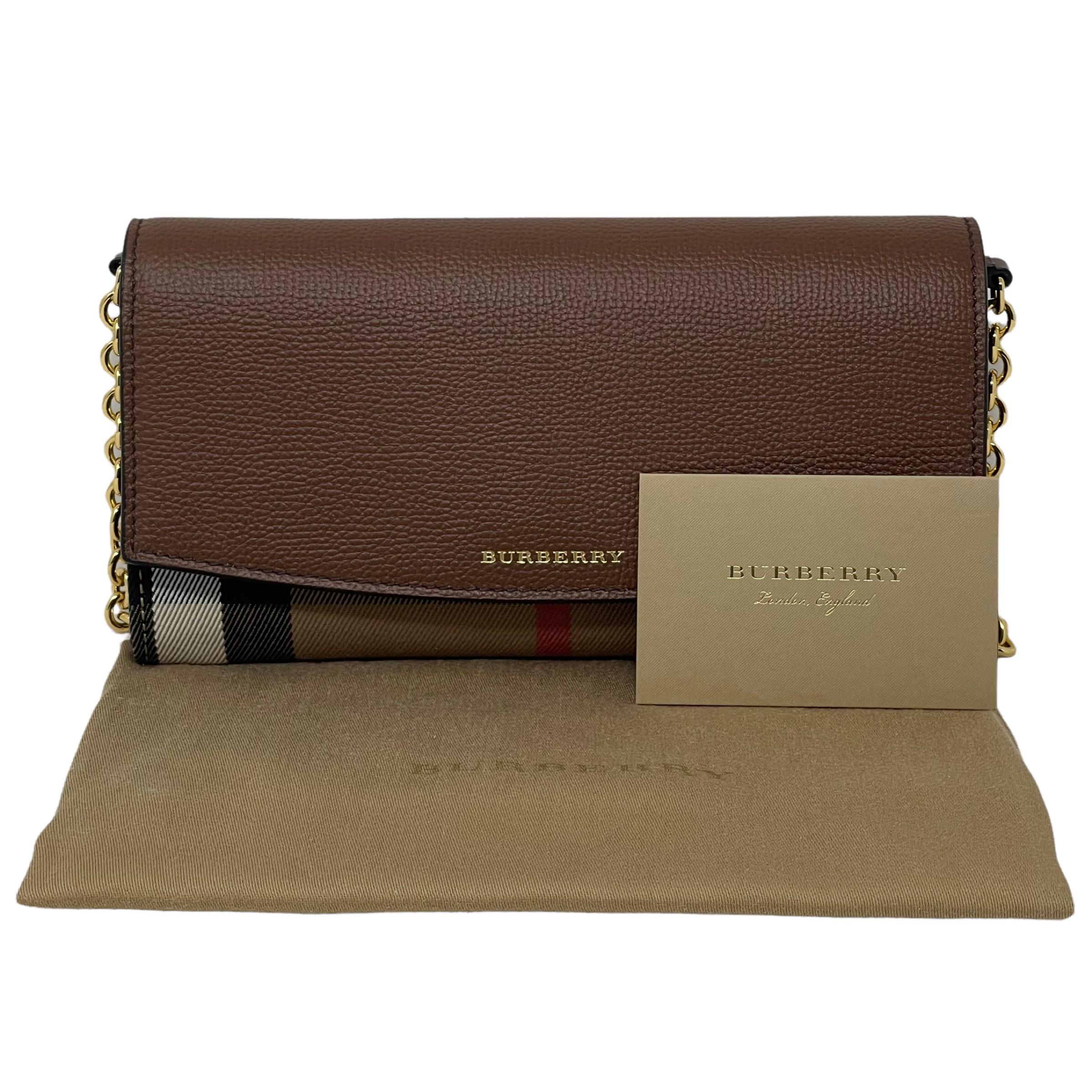 NEW Burberry Brown Henley House Check Leather Clutch Crossbody Bag For Sale 8
