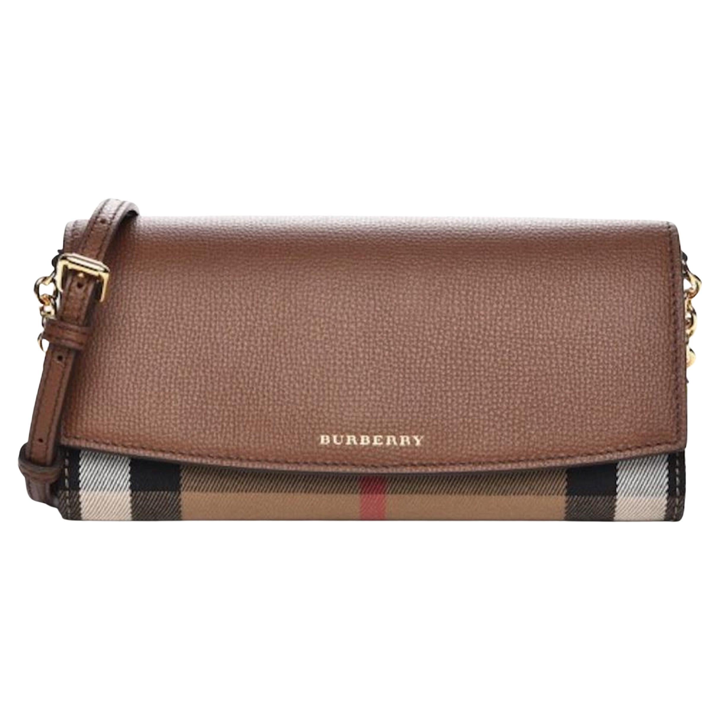 NEW Burberry Brown Henley House Check Leather Clutch Crossbody Bag For Sale