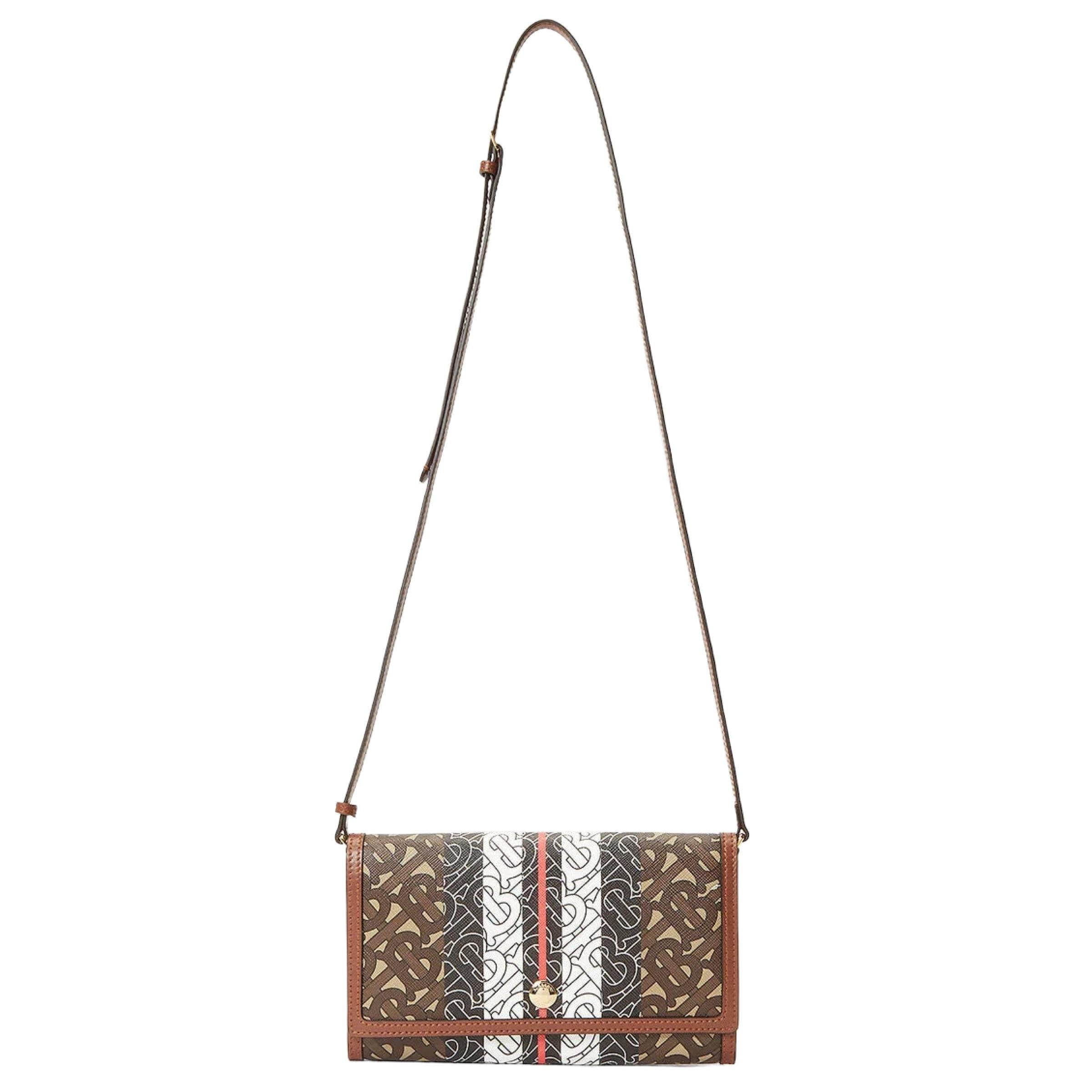NEW Burberry Brown Monogram Stripe Canvas Clutch Crossbody Bag For Sale 4