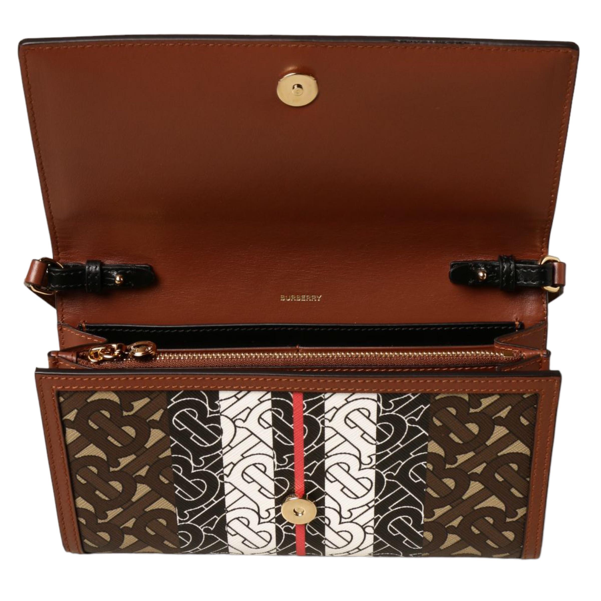 NEW Burberry Brown Monogram Stripe Canvas Clutch Crossbody Bag For Sale 7