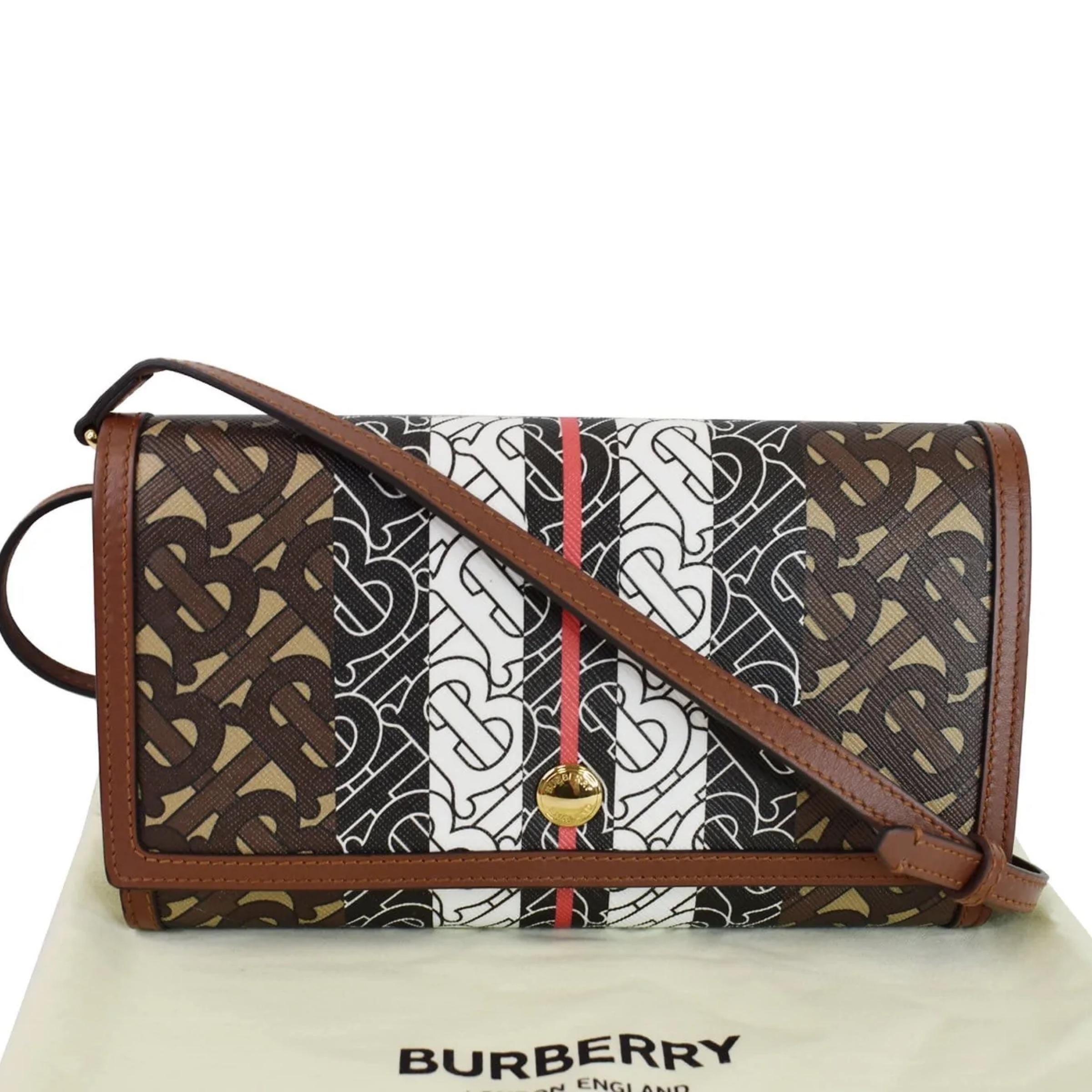 NEW Burberry Brown Monogram Stripe Canvas Clutch Crossbody Bag For Sale 14