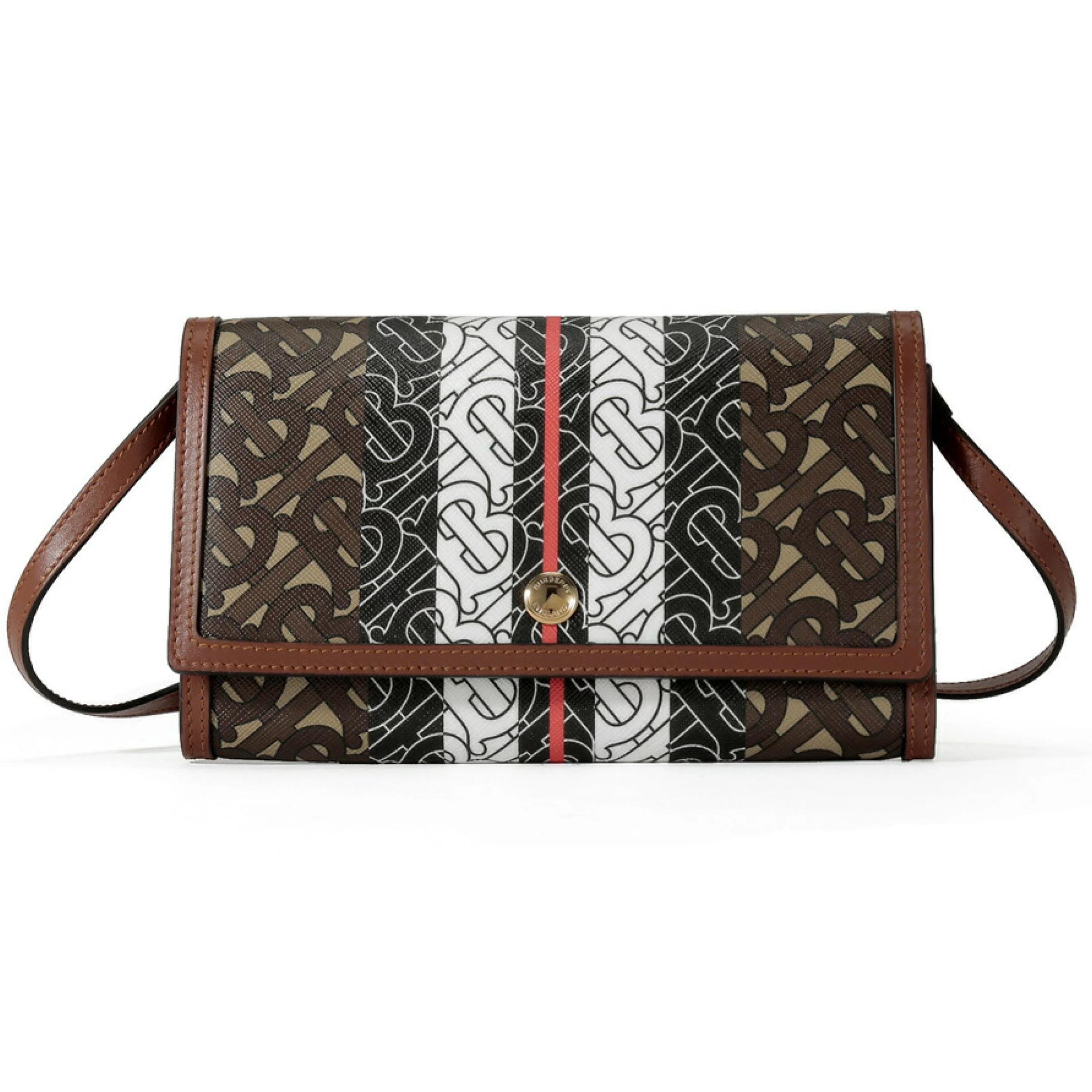 Women's or Men's NEW Burberry Brown Monogram Stripe Canvas Clutch Crossbody Bag For Sale