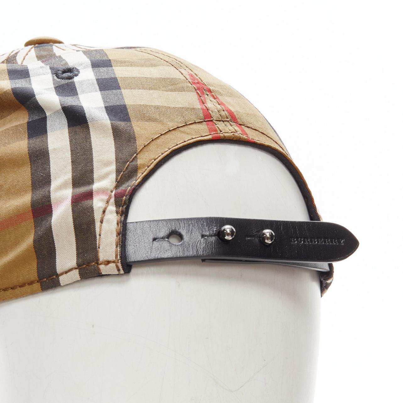Beige new BURBERRY House Check brown cotton adjustable leather strap dad cap S For Sale