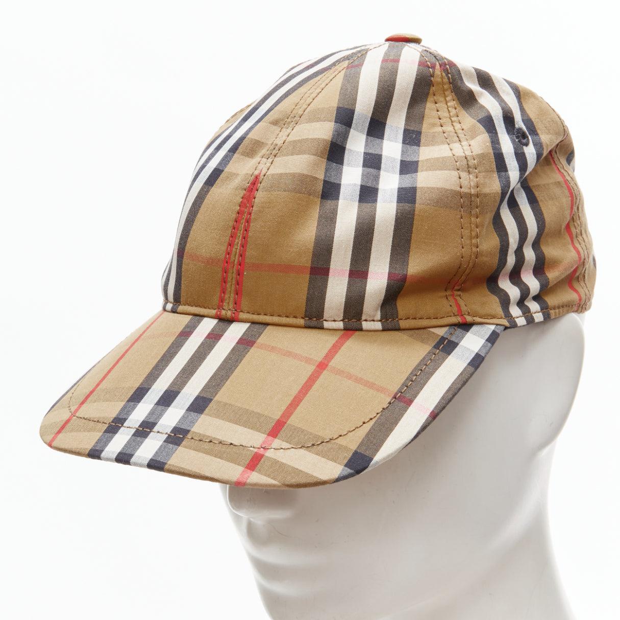 new BURBERRY House Check brown cotton adjustable leather strap dad cap S en vente 1