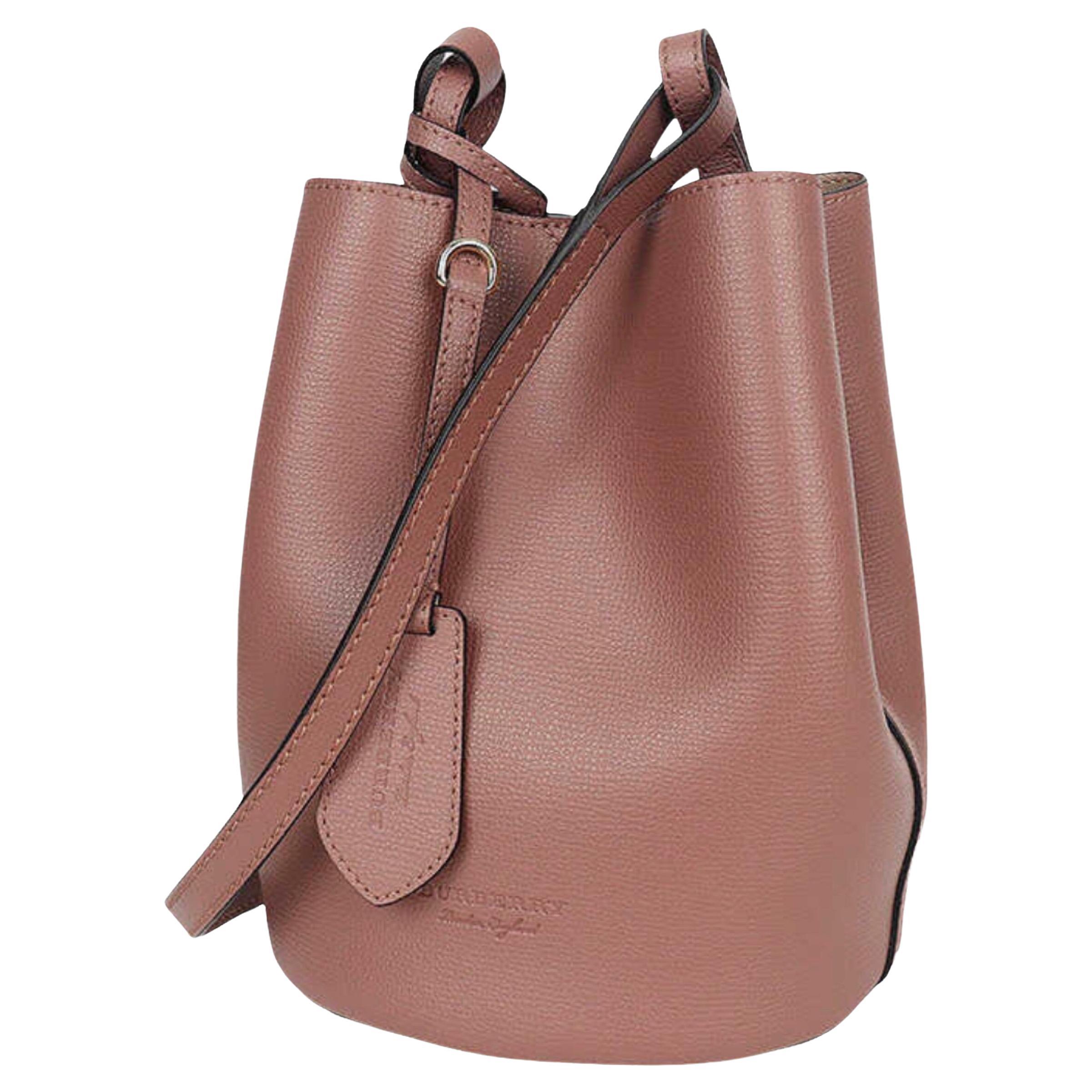 NEW Burberry Pink Haymarket Lone Small Leather Crossbody Bucket Bag