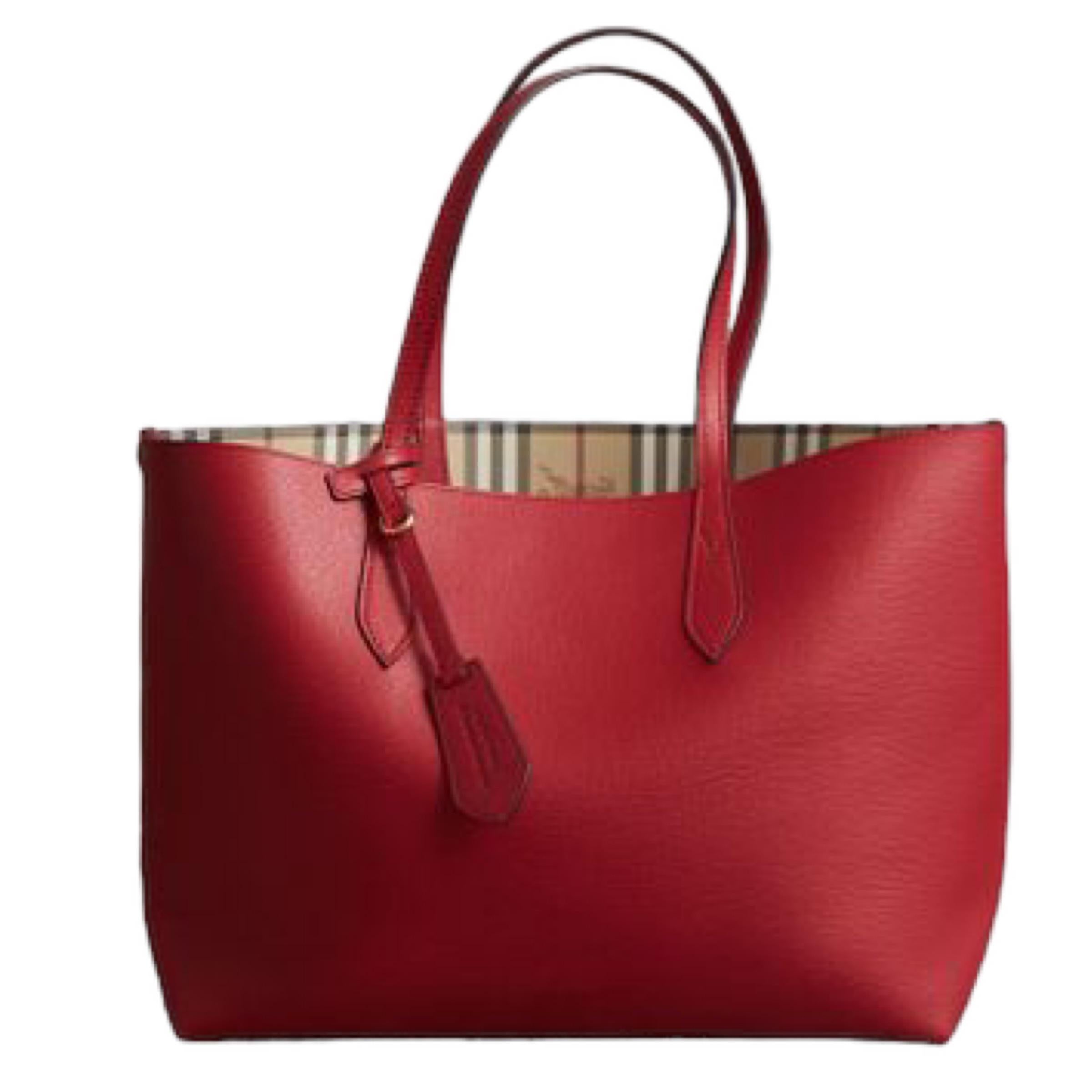 NEW Burberry Red Haymarket Check Reversible Leather Tote Shoulder Bag For Sale 5