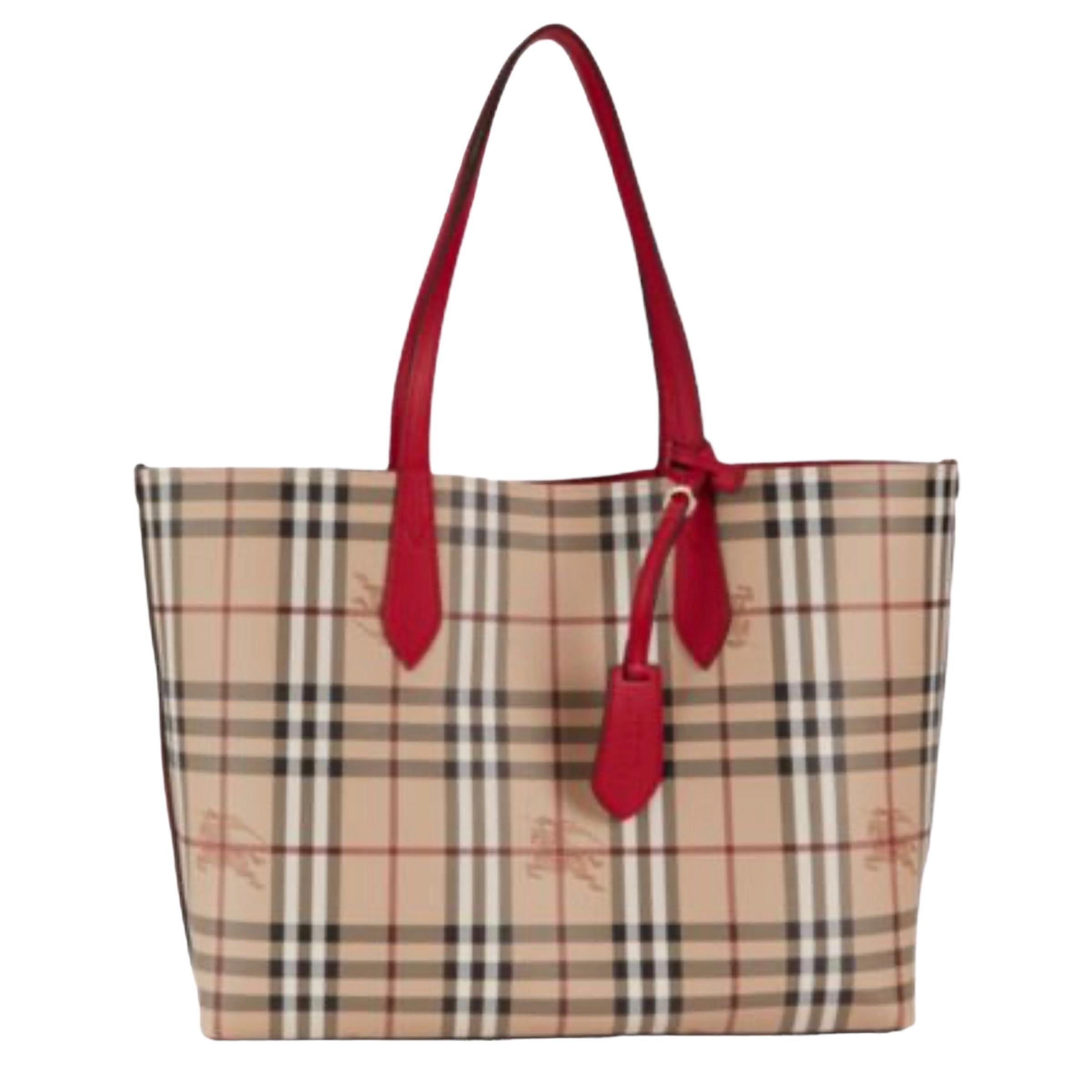 NEW Burberry Red Haymarket Check Reversible Leather Tote Shoulder Bag For Sale 8