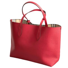 NEW Burberry Red Haymarket Check Reversible Leather Tote Shoulder Bag