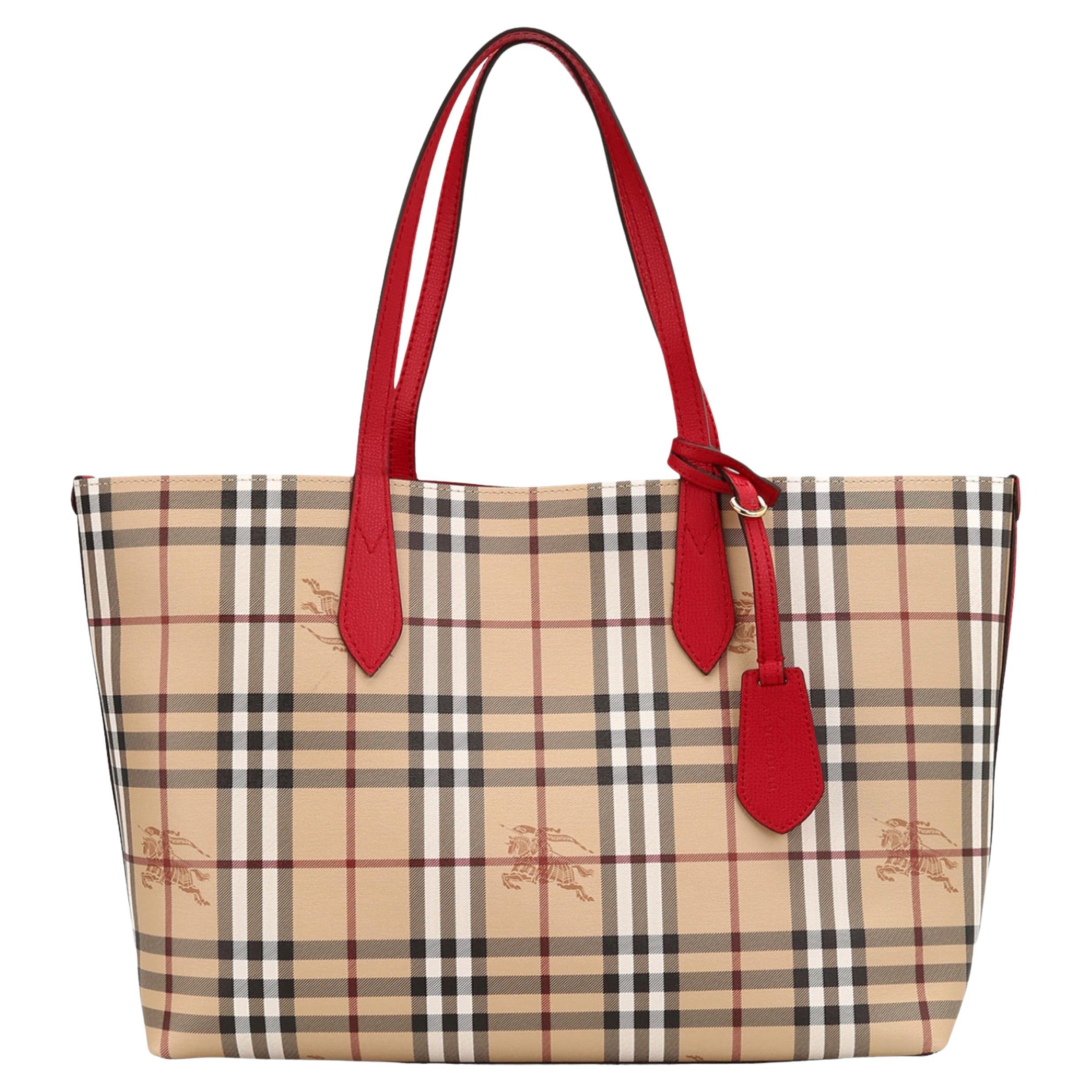 NEW Burberry Red Haymarket Check Reversible Leather Tote Shoulder Bag For Sale