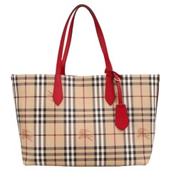 Used NEW Burberry Red Haymarket Check Reversible Leather Tote Shoulder Bag
