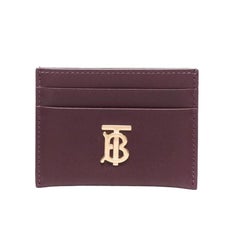 New Burberry Red Maroon TB Plaque Leather Card Holder Wallet