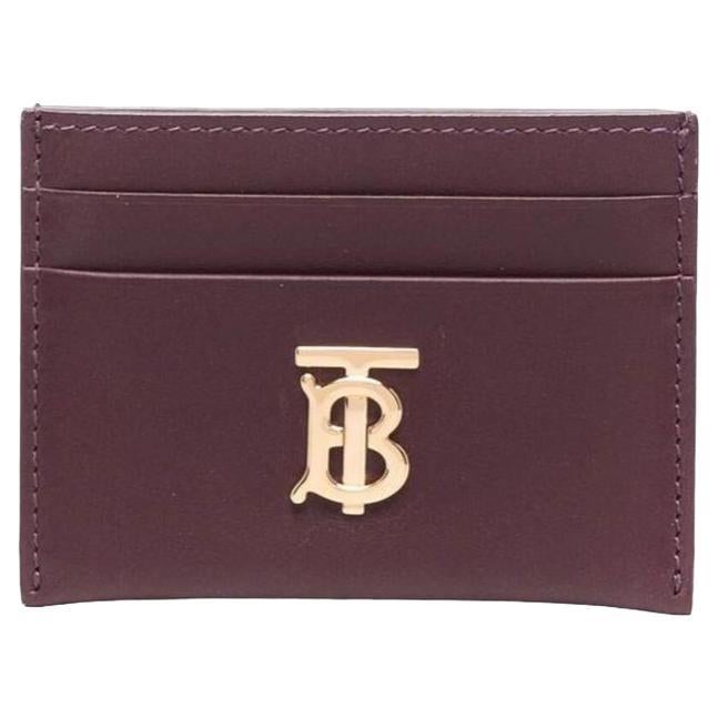 New Burberry Red Maroon TB Plaque Leather Card Holder Wallet For Sale