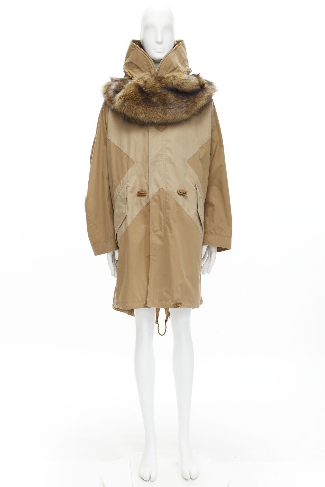 new BURBERRY RICCARDO TISCI 2019 warm walnut gabardine faux fur anorak EU52 XL For Sale 6