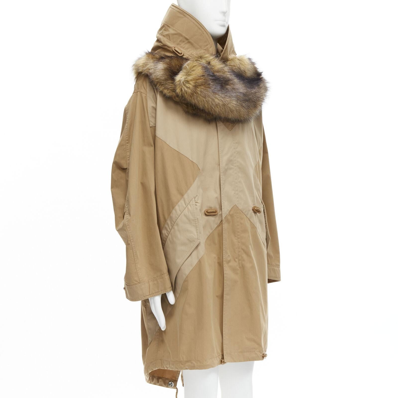 new BURBERRY RICCARDO TISCI 2019 warm walnut gabardine faux fur anorak EU52 XL In New Condition For Sale In Hong Kong, NT