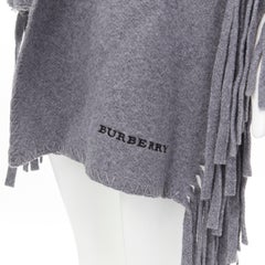 new BURBERRY wool cashmere mid grey solid felted fringe knitted overstitching