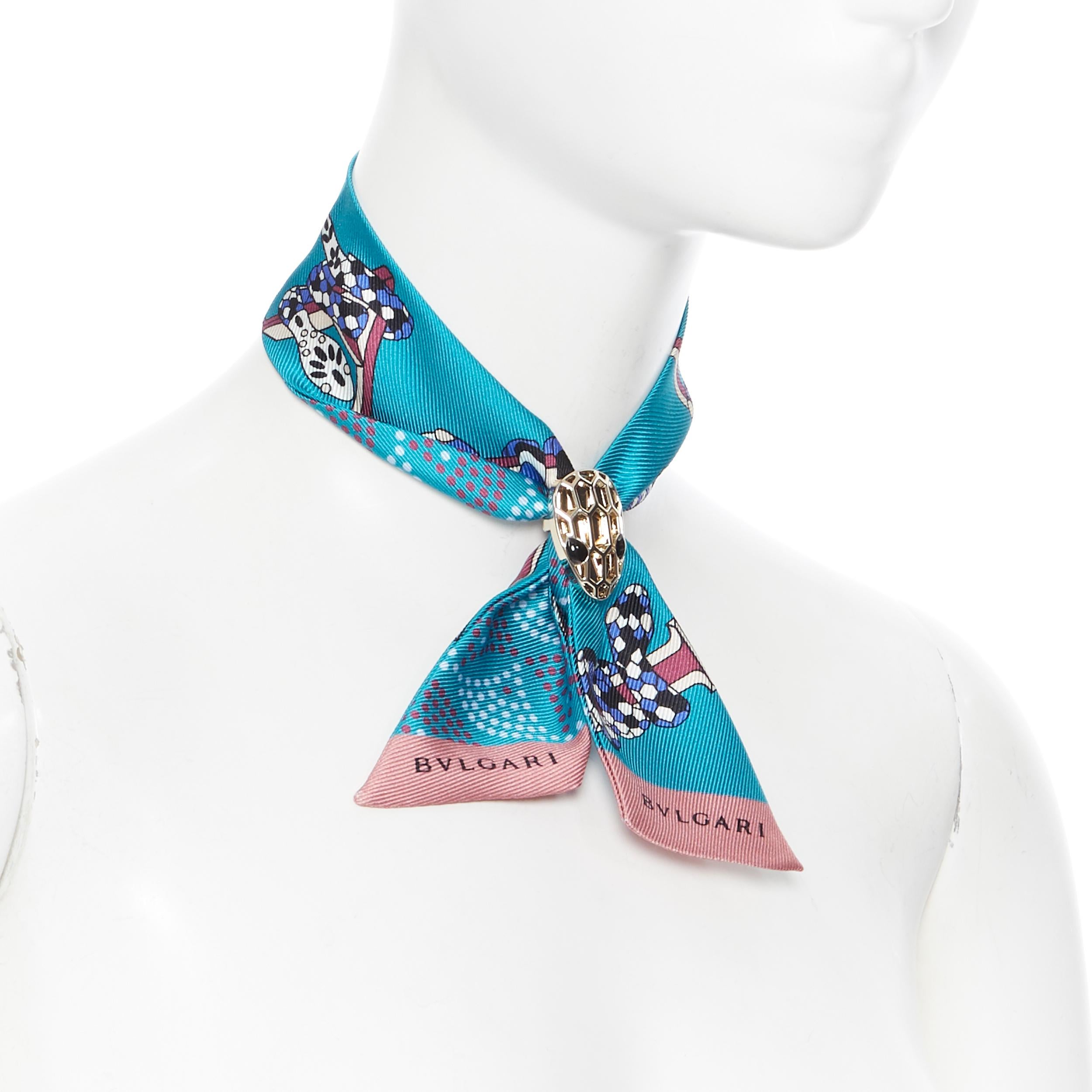nuevo BVLGARI Serpenti Tie Me Signature Shelleys pañuelo cuello bolso twilly seda azul Azul