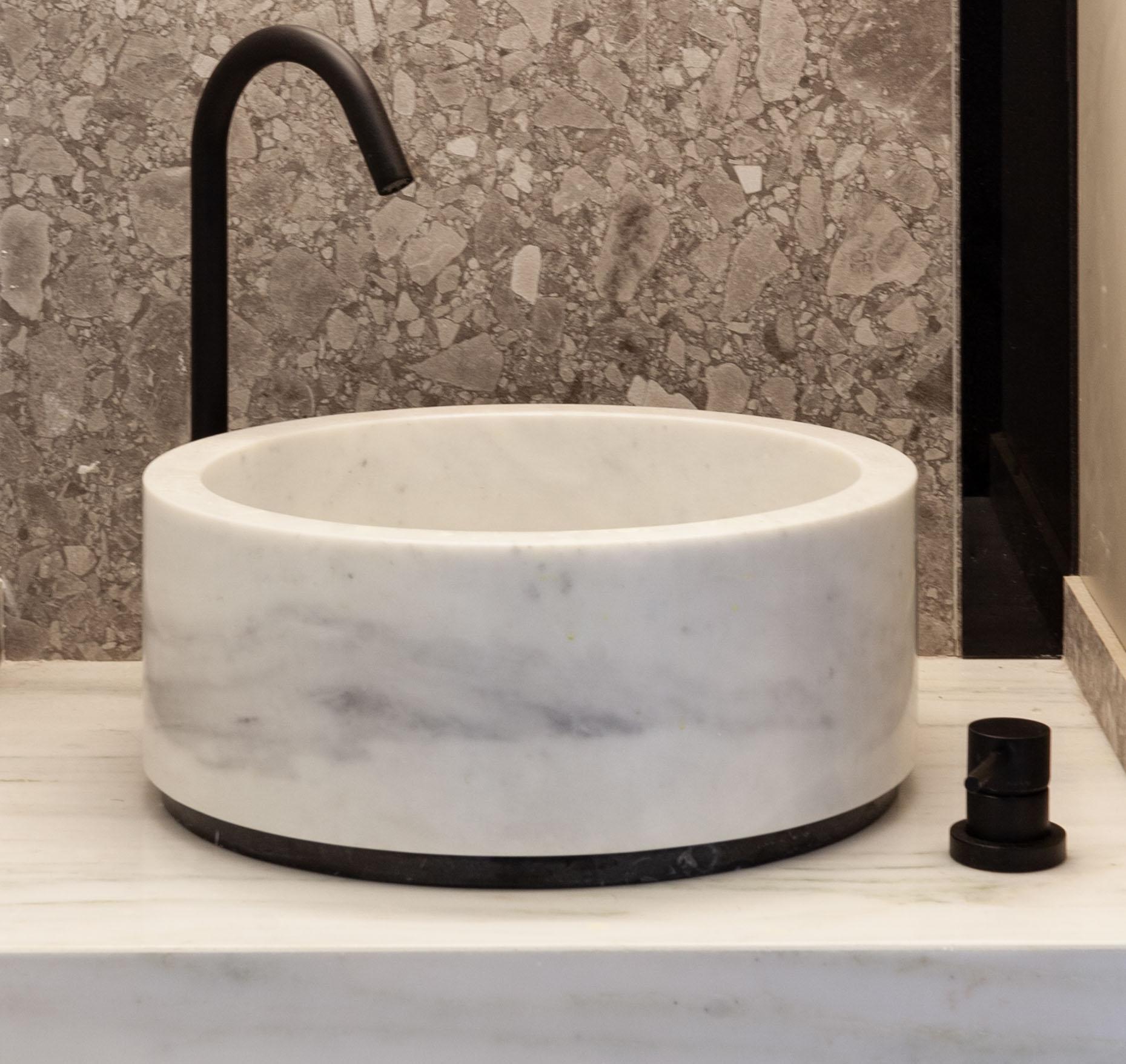 Greek B&W Basin from White and Black Marble in Circular Shape