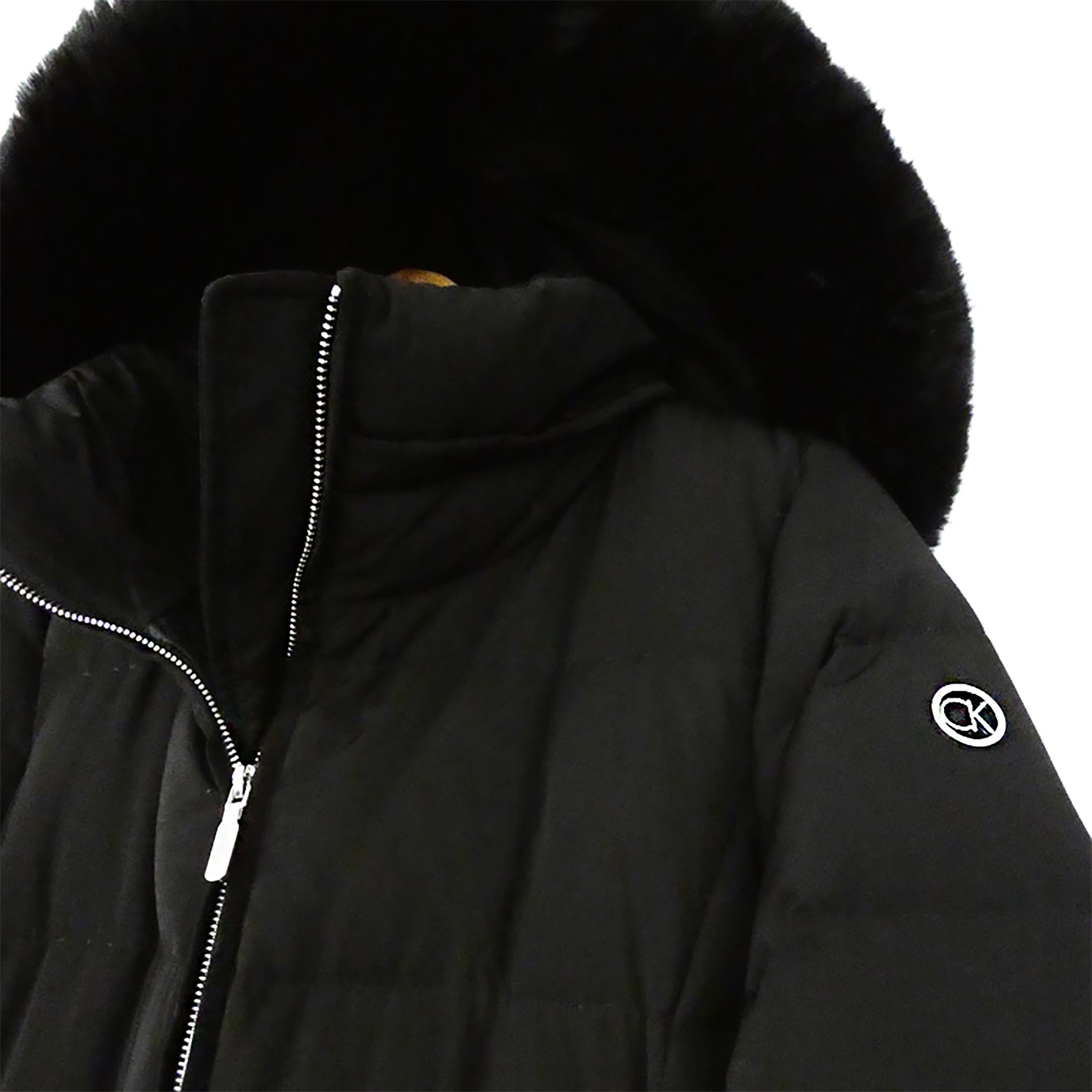 NEW Calvin Klein Black Long Down Puffer Coat with Faux Fur Hood (Manteau de duvet long avec capuche en fausse fourrure)  Pour femmes en vente
