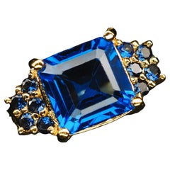New Cambodian 7 Ct Blue Zircon & Diamond Cut Sapphire YGold Sterling Ring