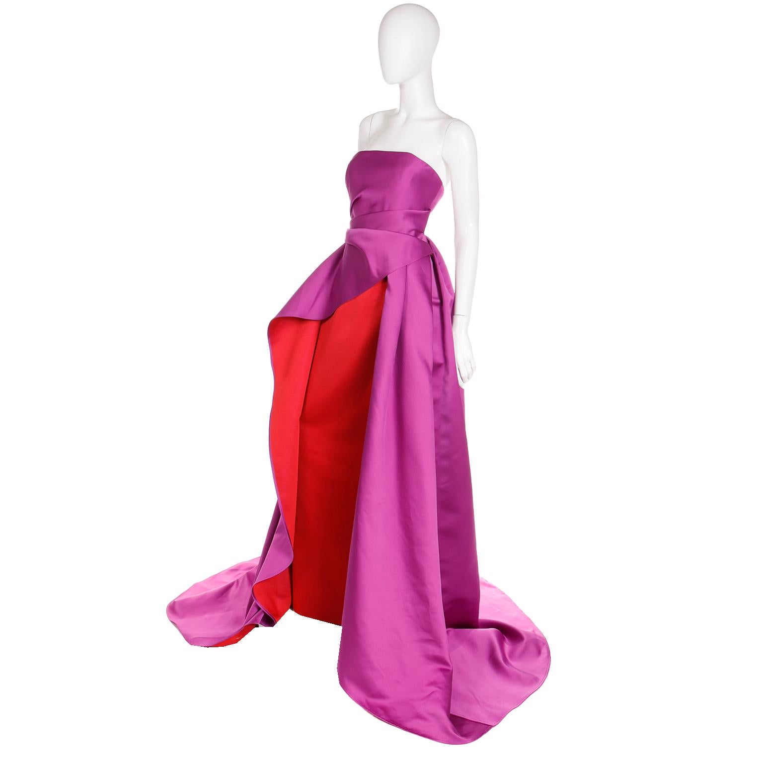 New Carolina Herrera 2022 Purple & Red Column Dress W Draped Overdress $5990 For Sale 7