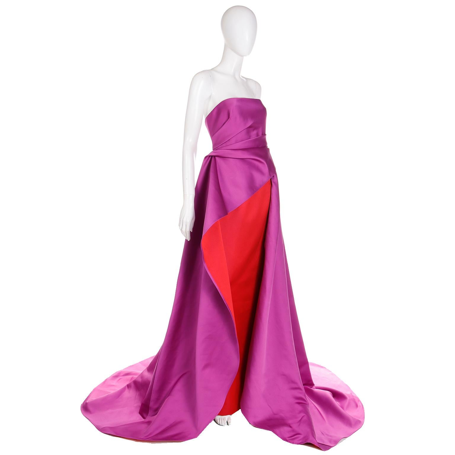 New Carolina Herrera 2022 Purple & Red Column Dress W Draped Overdress $5990 For Sale 3