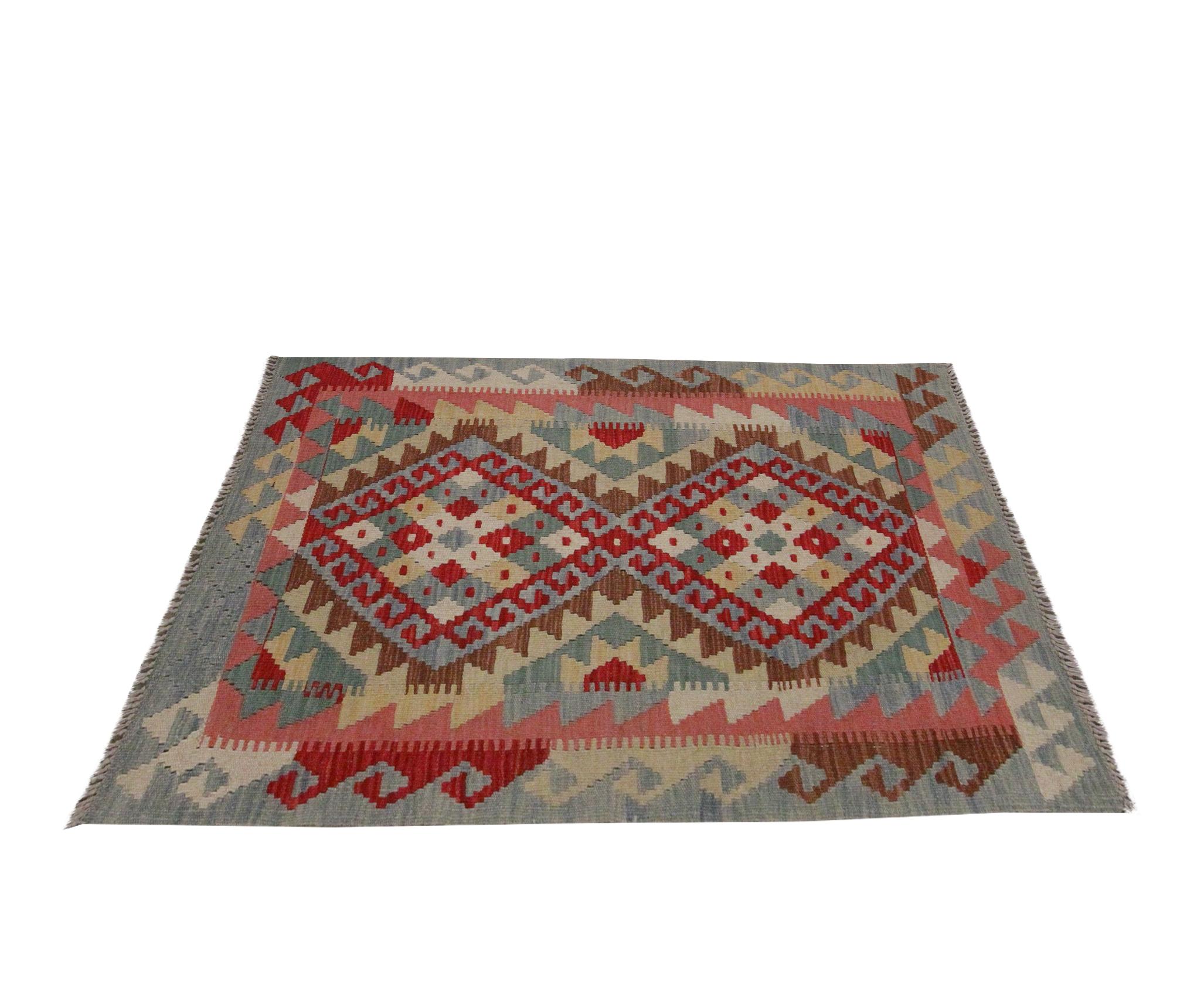 Afghan New Carpet Traditional Handmade Kilim Rug Oriental Wool Blue Red Rug