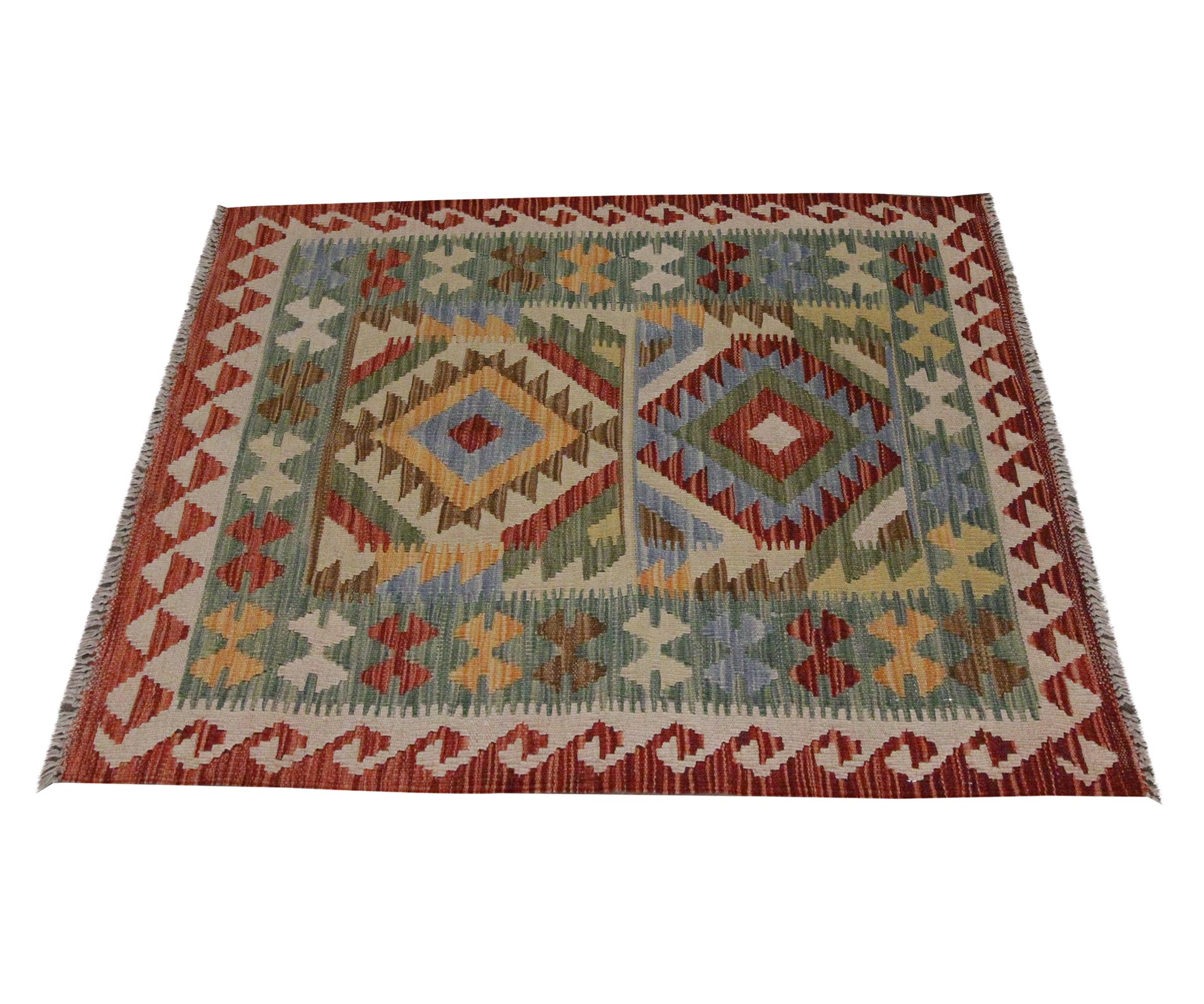 Afghan New Carpet Traditional Oriental Kilim Rug Handmade Wool Green Rug