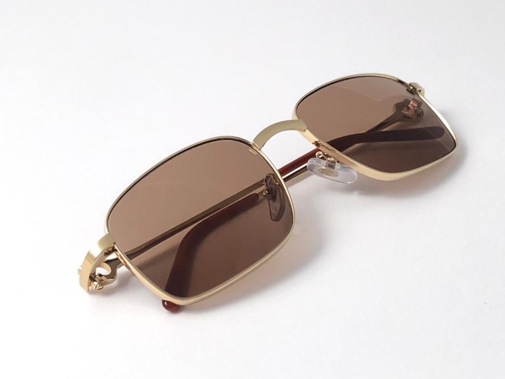 New Cartier 56 20mm Brushed Gold Plated Brown Lenses Sunglasses Made in France 5