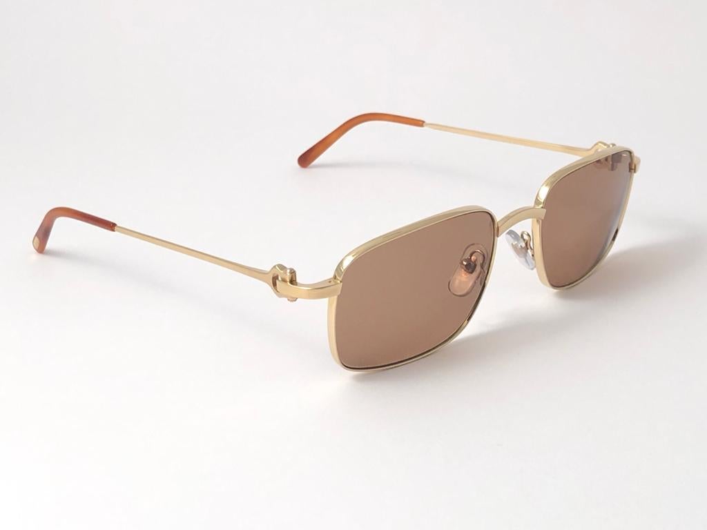 Beige New Cartier 56 20mm Brushed Gold Plated Brown Lenses Sunglasses Made in France