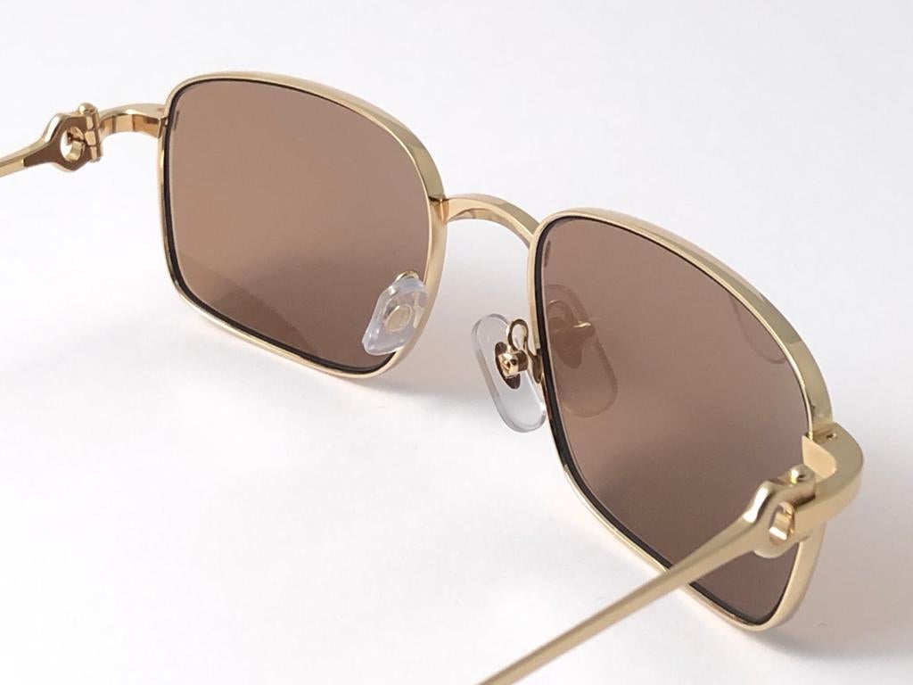 New Cartier 56 20mm Brushed Gold Plated Brown Lenses Sunglasses Made in France 2